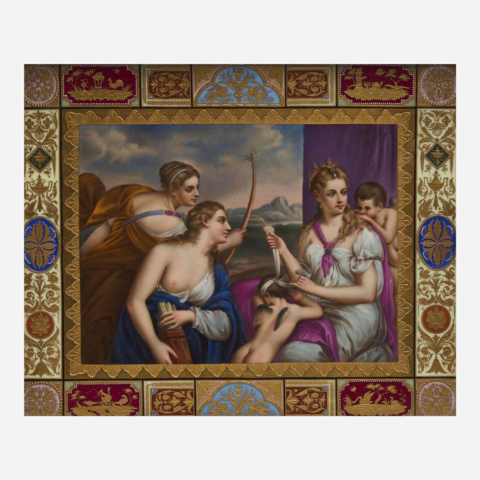 A KPM style painted porcelain plaque depicting Diana with attendants late 19th century