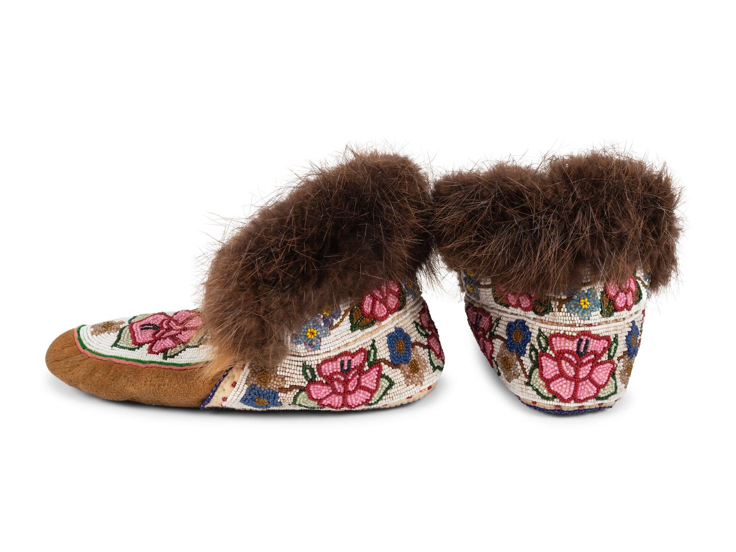 Northern Cree Beaded Hide Moccasins and Quilled Hide Table Mat