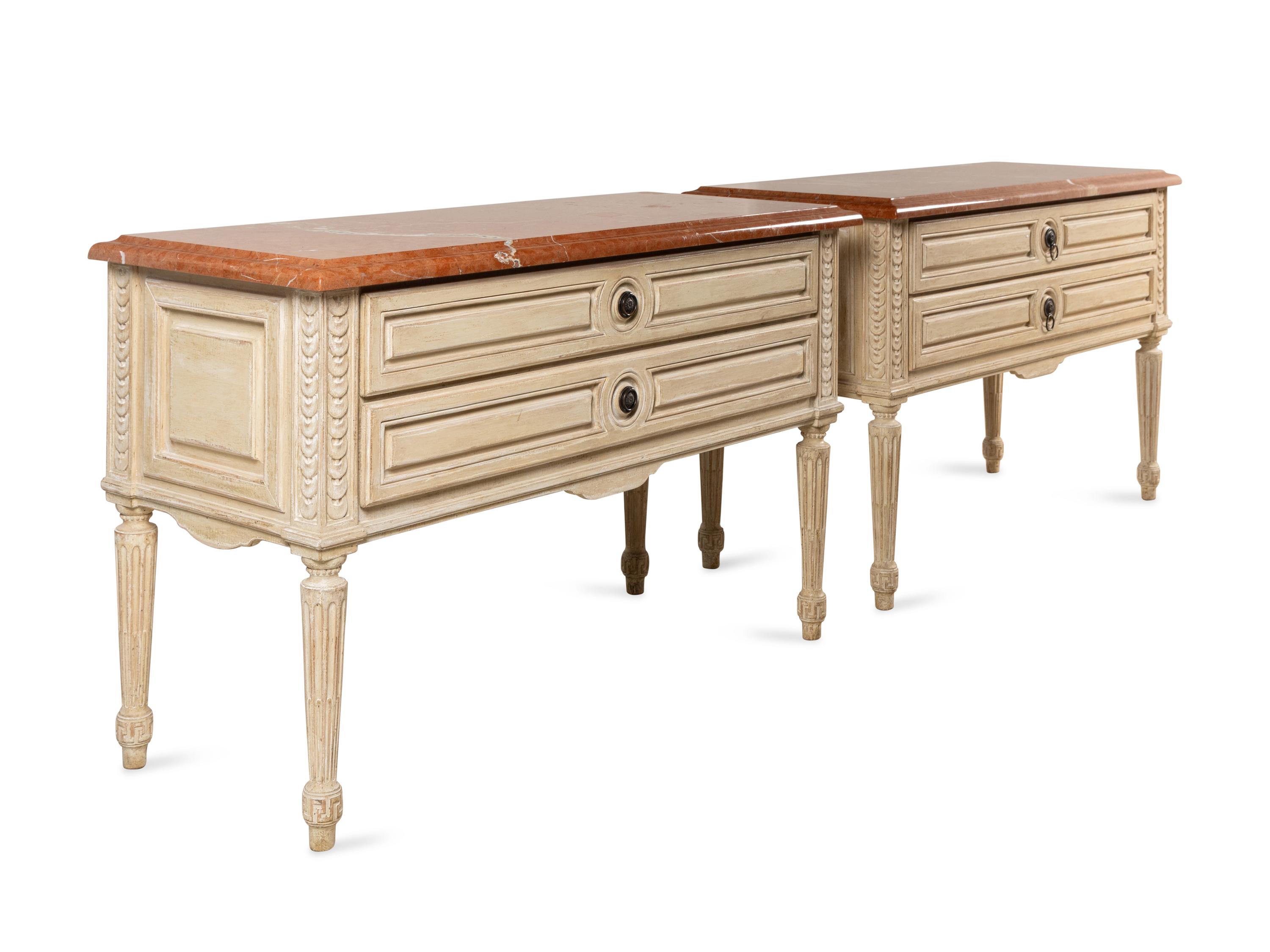 A Pair of Louis XVI Style Gray-Painted Marble-Top Bedside Tables