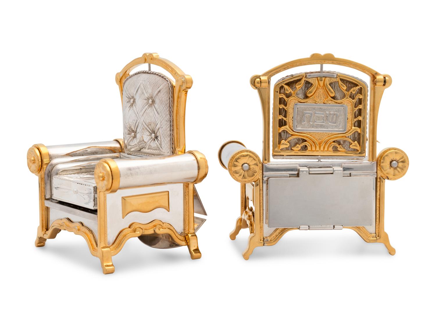 A Pair of Yossi Swed Partial Gilt Silver Armchair Shabbat Candlesticks