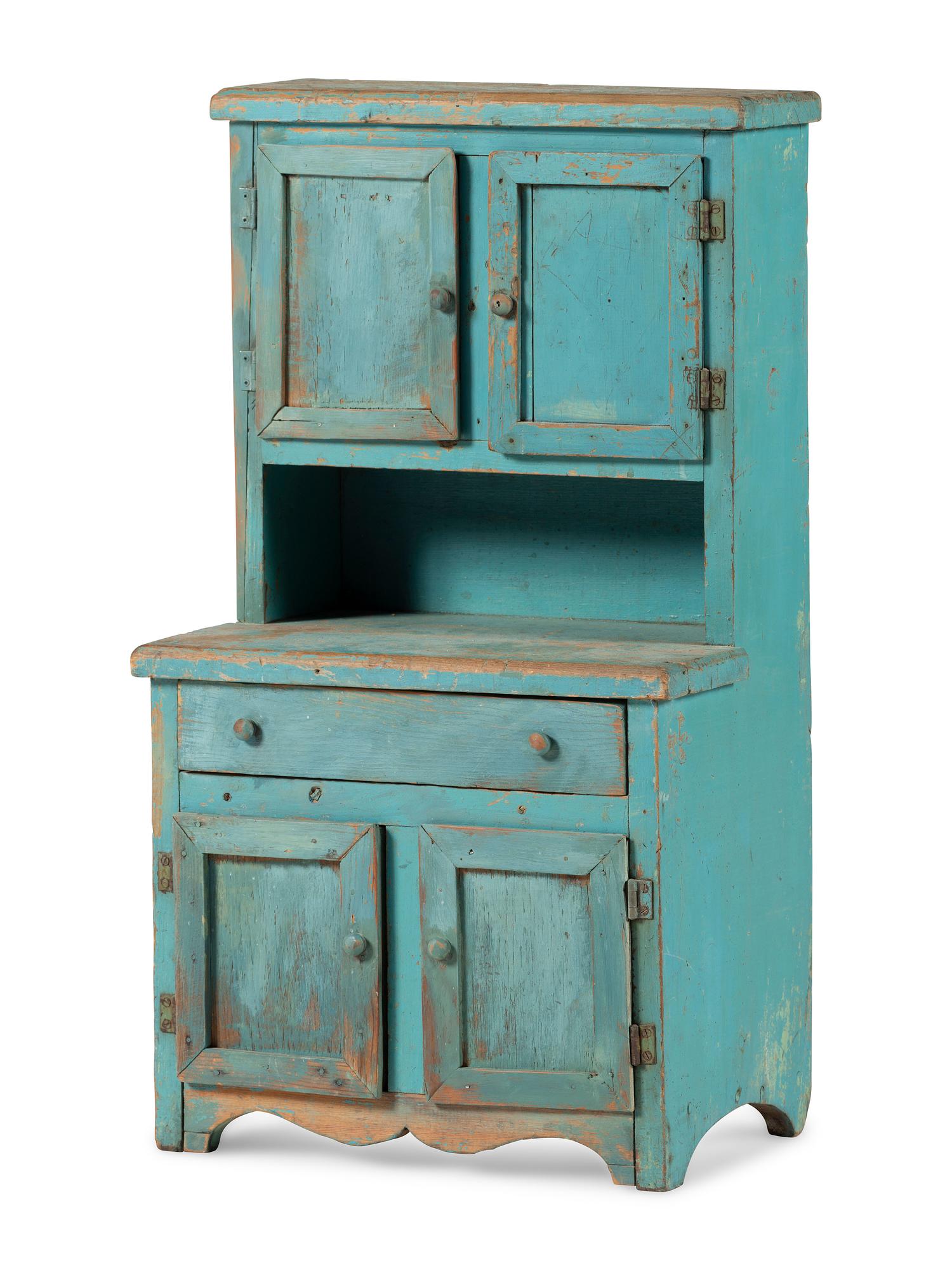 A Late Country Federal Blue Painted Pine Child's Step-Back Cupboard