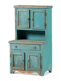 A Late Country Federal Blue Painted Pine Child's Step-Back Cupboard