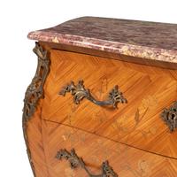 A Louis XV Style Gilt Bronze Mounted Tulipwood, Marquetry, and Spanish Brocatelle Marble-Top Commode