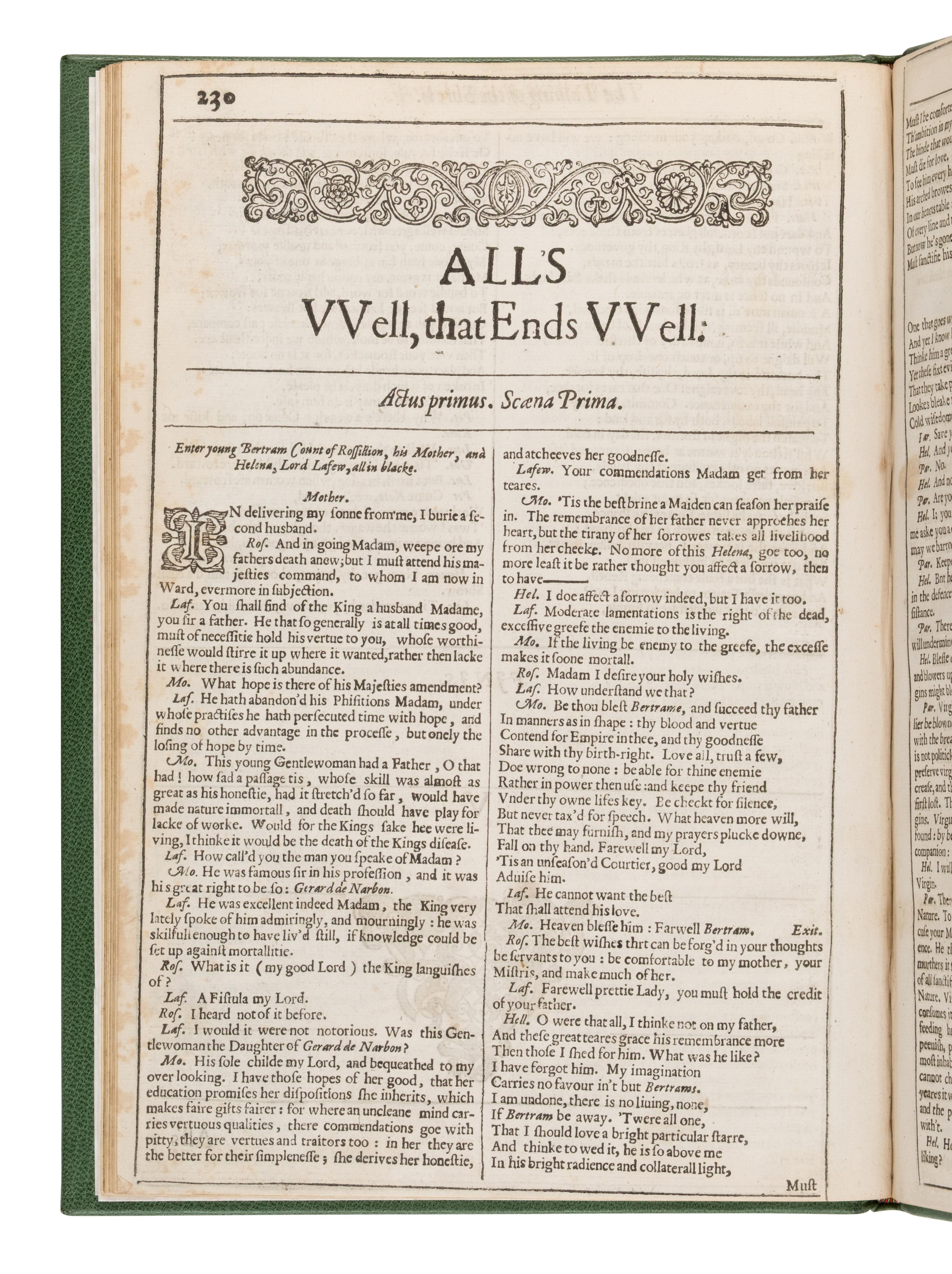 Shakespeare, William (1564-1616). As You Like It . -- The Taming of the Shrew . -- All's Well That Ends Well . [Three complete plays extracted from: The Second Folio]. [London: Printed by Thomas Cotes, 1632].