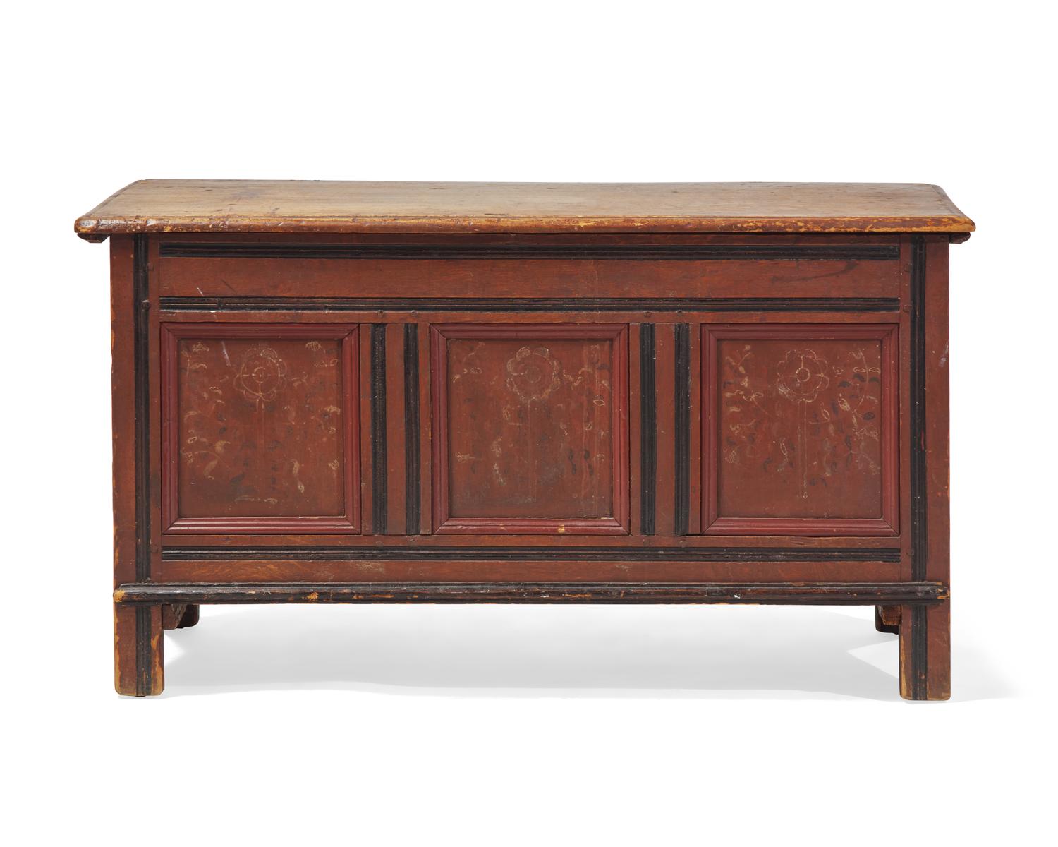 A Pilgrim Century Carved And Polychrome-Decorated Pine, Tulip Poplar and Oak Blanket Chest
