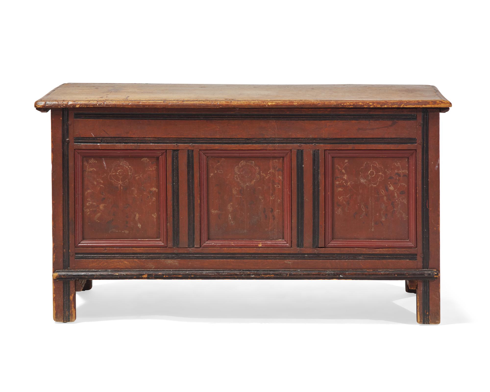 A Pilgrim Century Carved And Polychrome-Decorated Pine, Tulip Poplar and Oak Blanket Chest