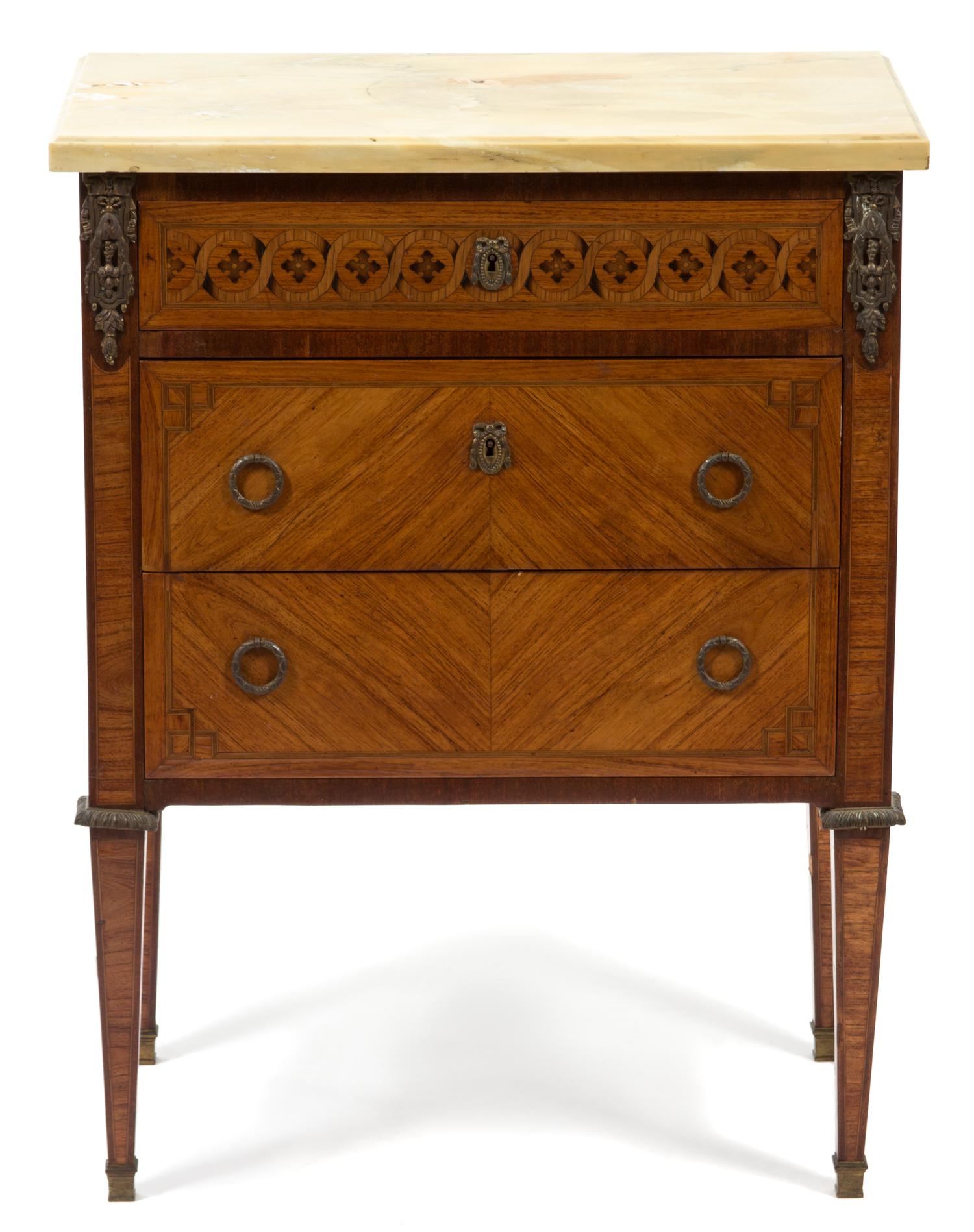 A Louis XVI Parquetry Style Marble Top Side Cabinet — EARLY 20TH CENTURY