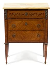 A Louis XVI Parquetry Style Marble Top Side Cabinet — EARLY 20TH CENTURY