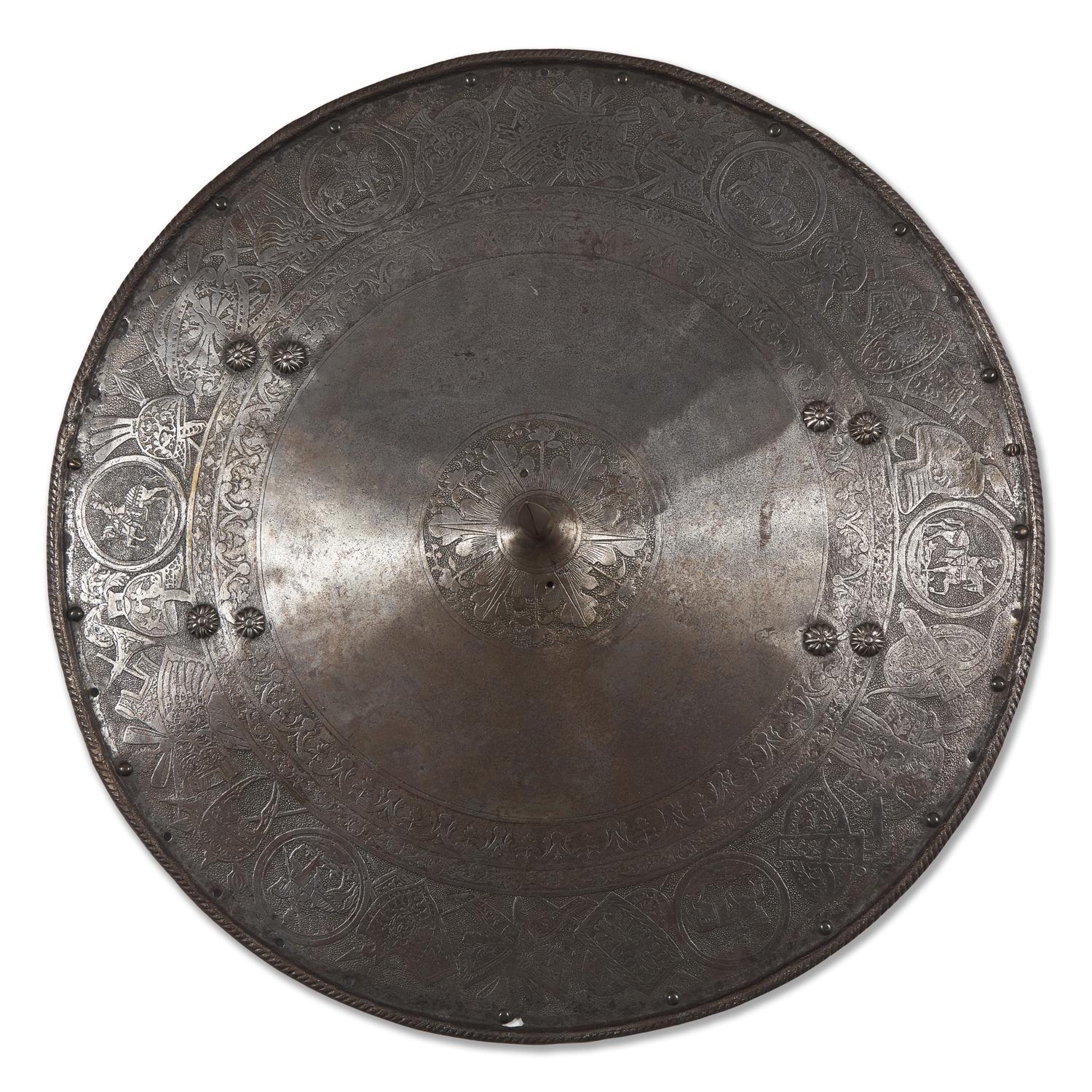 An Italian Etched Steel Targe Round Shield