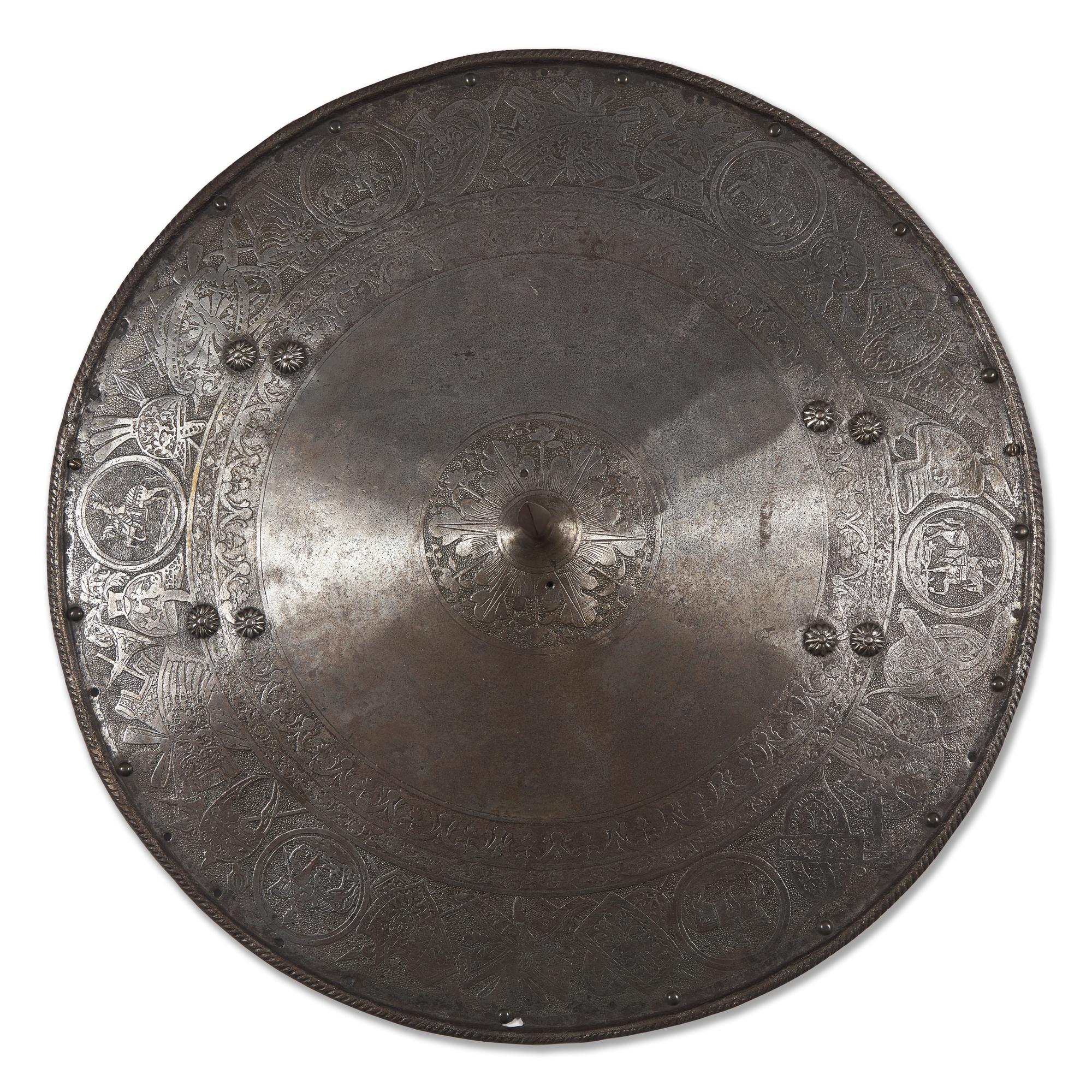 An Italian Etched Steel Targe Round Shield