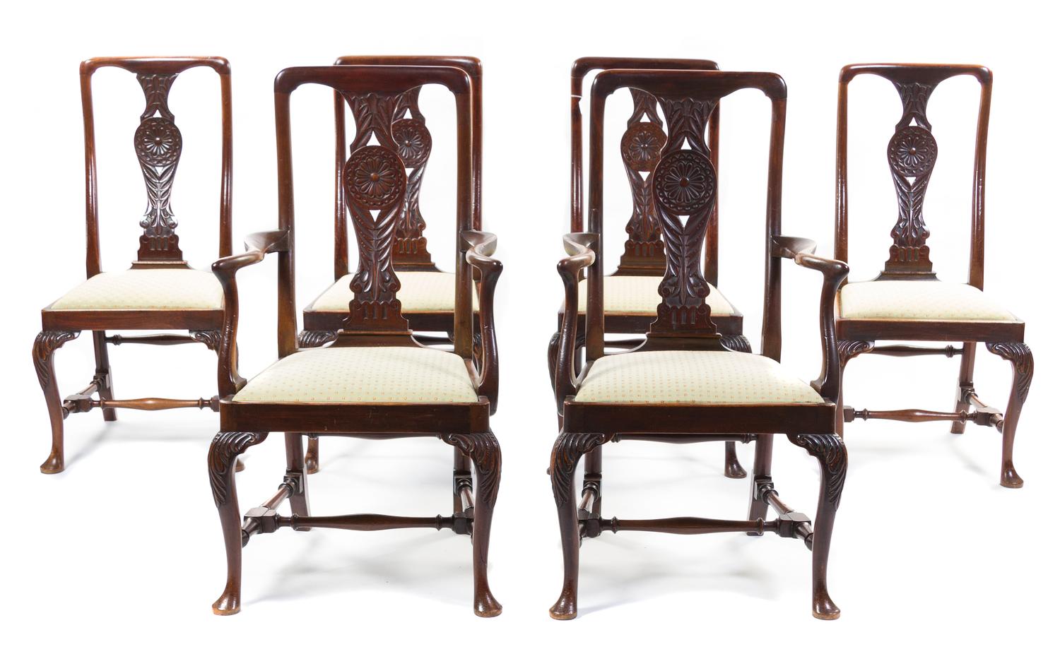 A Set of Six Queen Anne Style Mahogany Chairs, Height of first 43 3/4 inches.