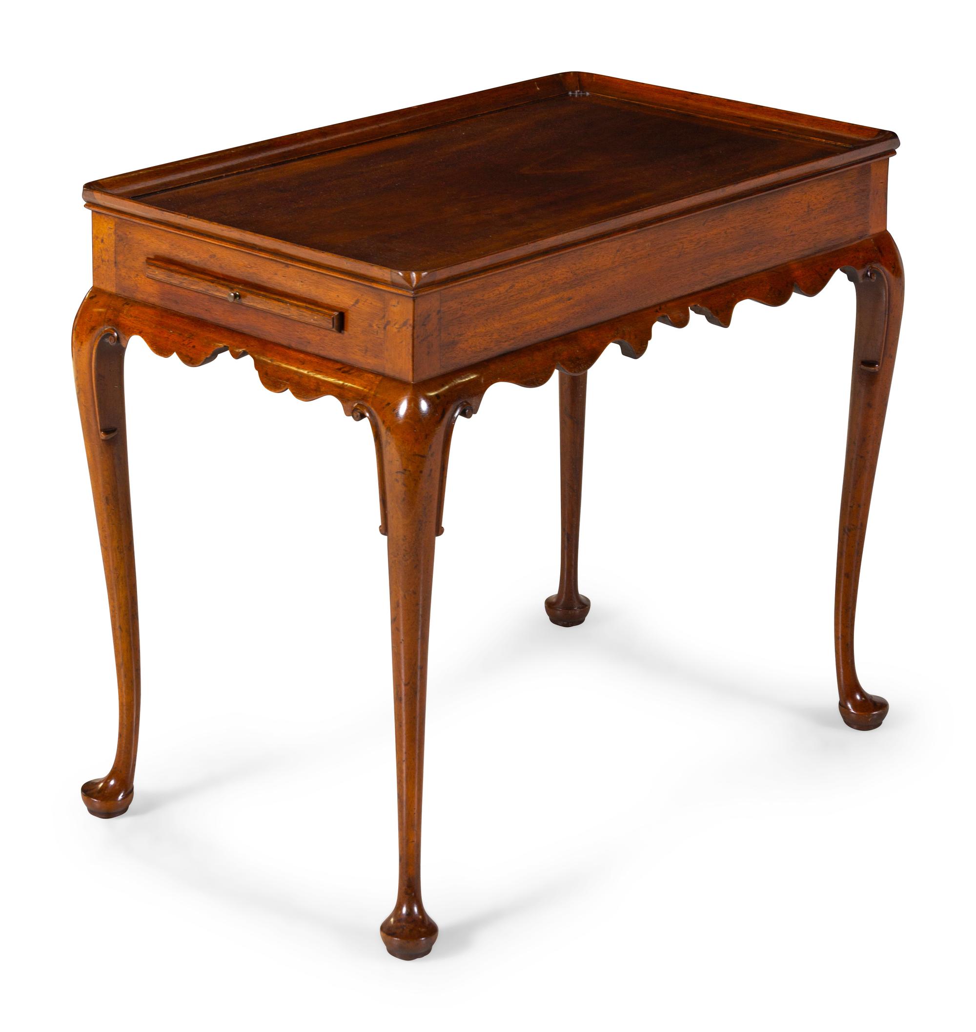 A Queen Anne Style Carved Mahogany and Cherrywood Tray-Top Tea Table