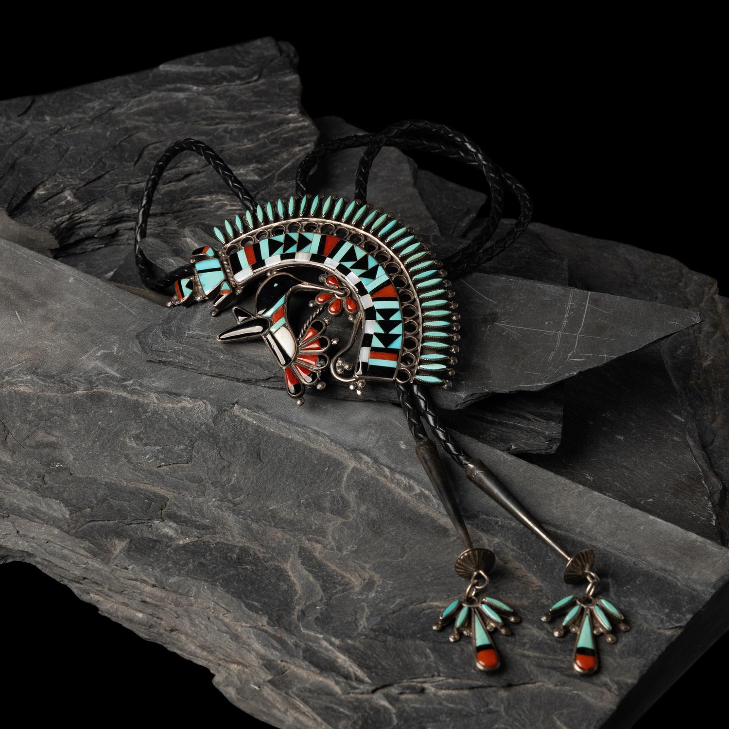Benji Zuniga (Zuni, 20th century) — Large Hummingbird and Rainbow Man Mosaic Inlay Bolo Tie, 1980