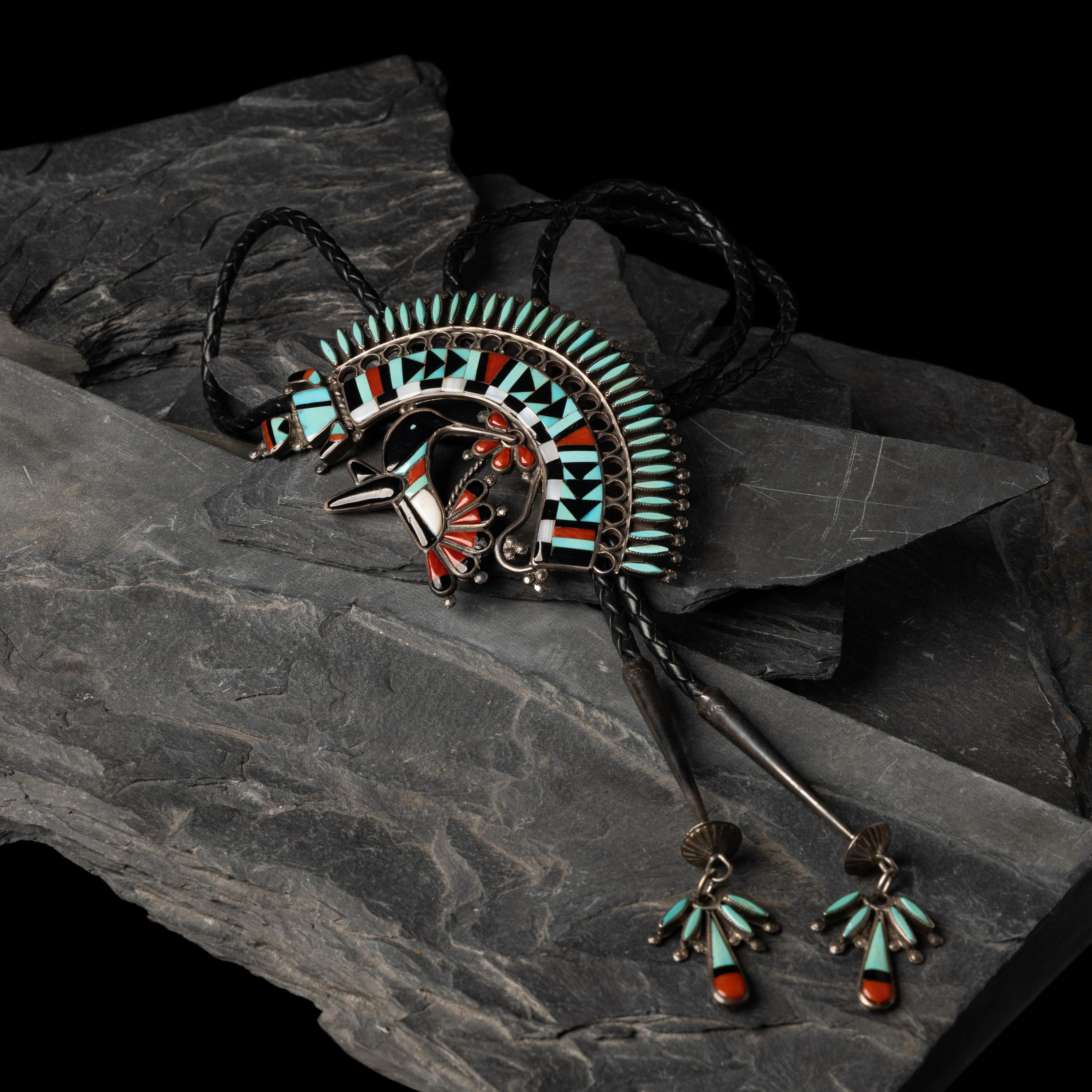 Benji Zuniga (Zuni, 20th century) — Large Hummingbird and Rainbow Man Mosaic Inlay Bolo Tie, 1980