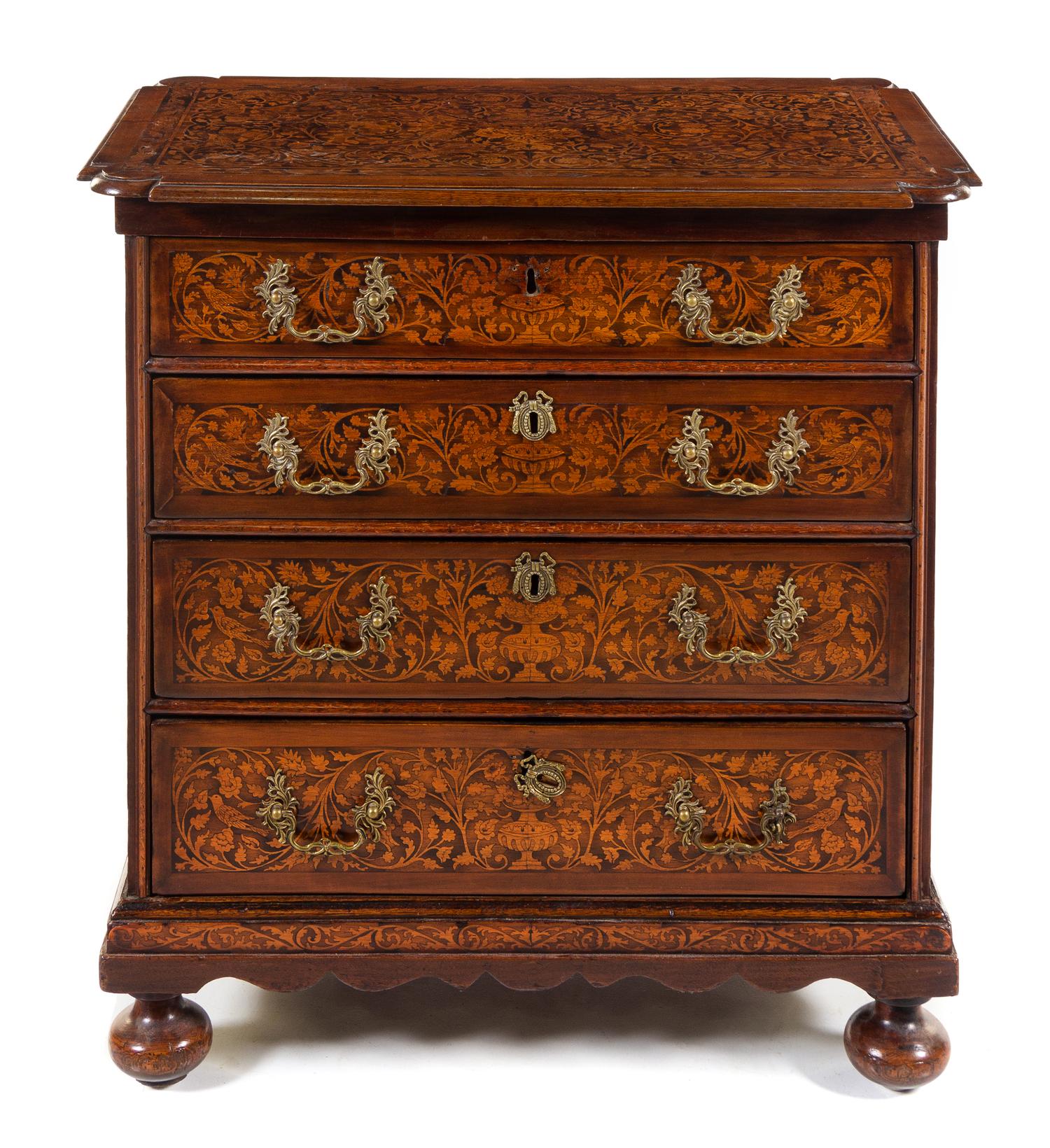 A Dutch Marquetry Chest of Drawers Height 34 x width 33 x depth 19 1/2 inches. — 18TH CENTURY