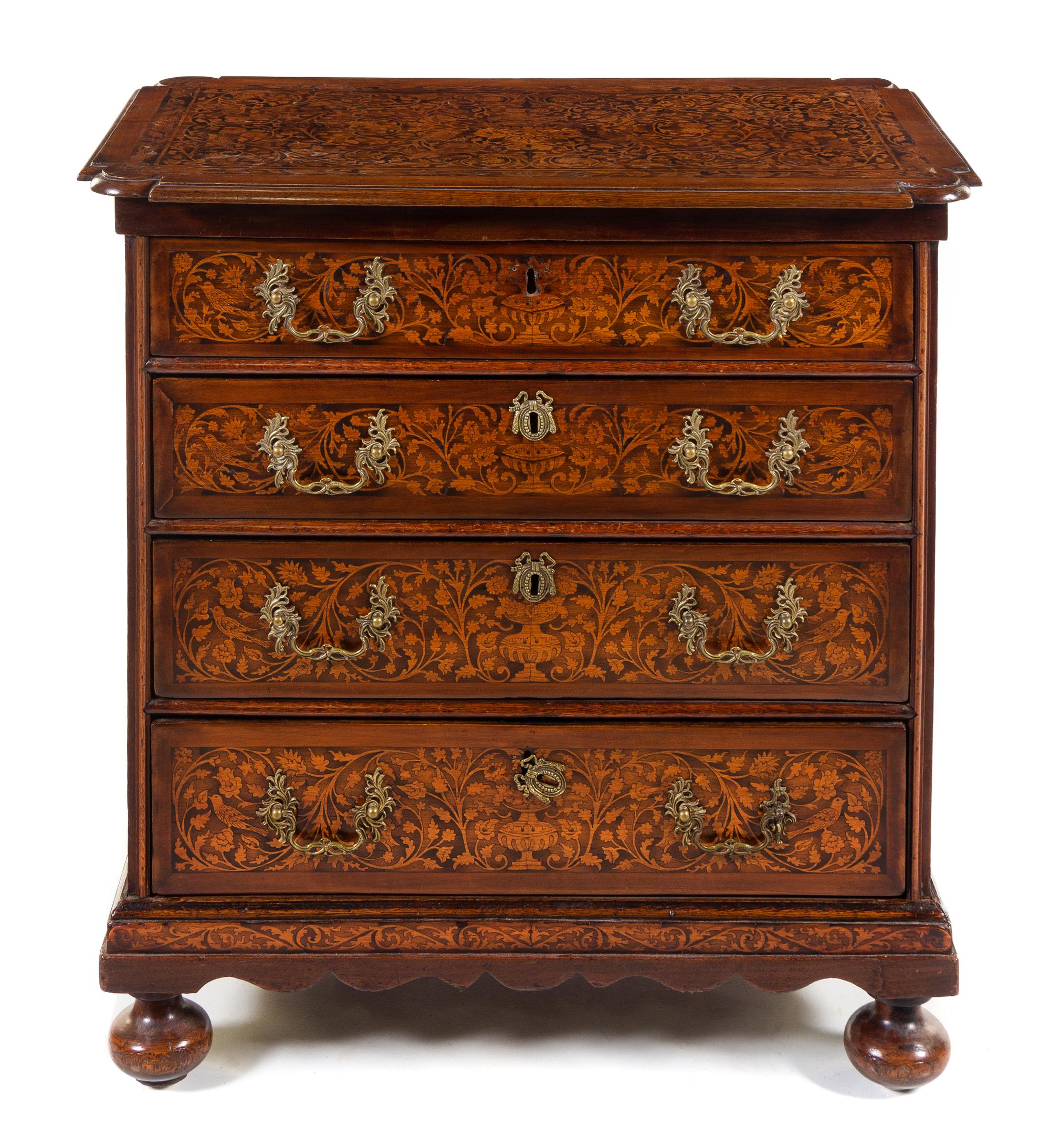 A Dutch Marquetry Chest of Drawers Height 34 x width 33 x depth 19 1/2 inches. — 18TH CENTURY