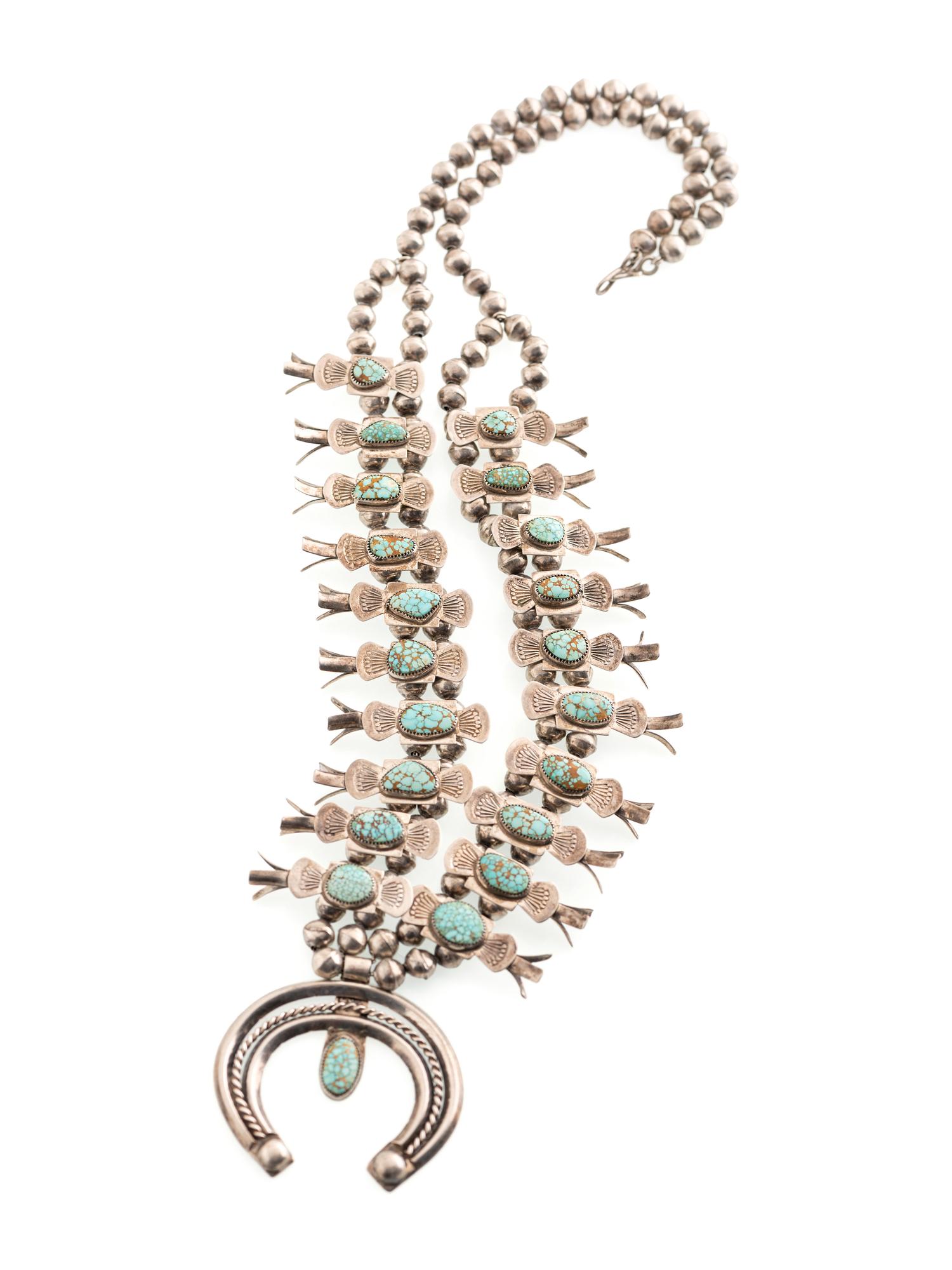 Navajo Silver and #8 Turquoise Box Bow Squash Blossom Necklace