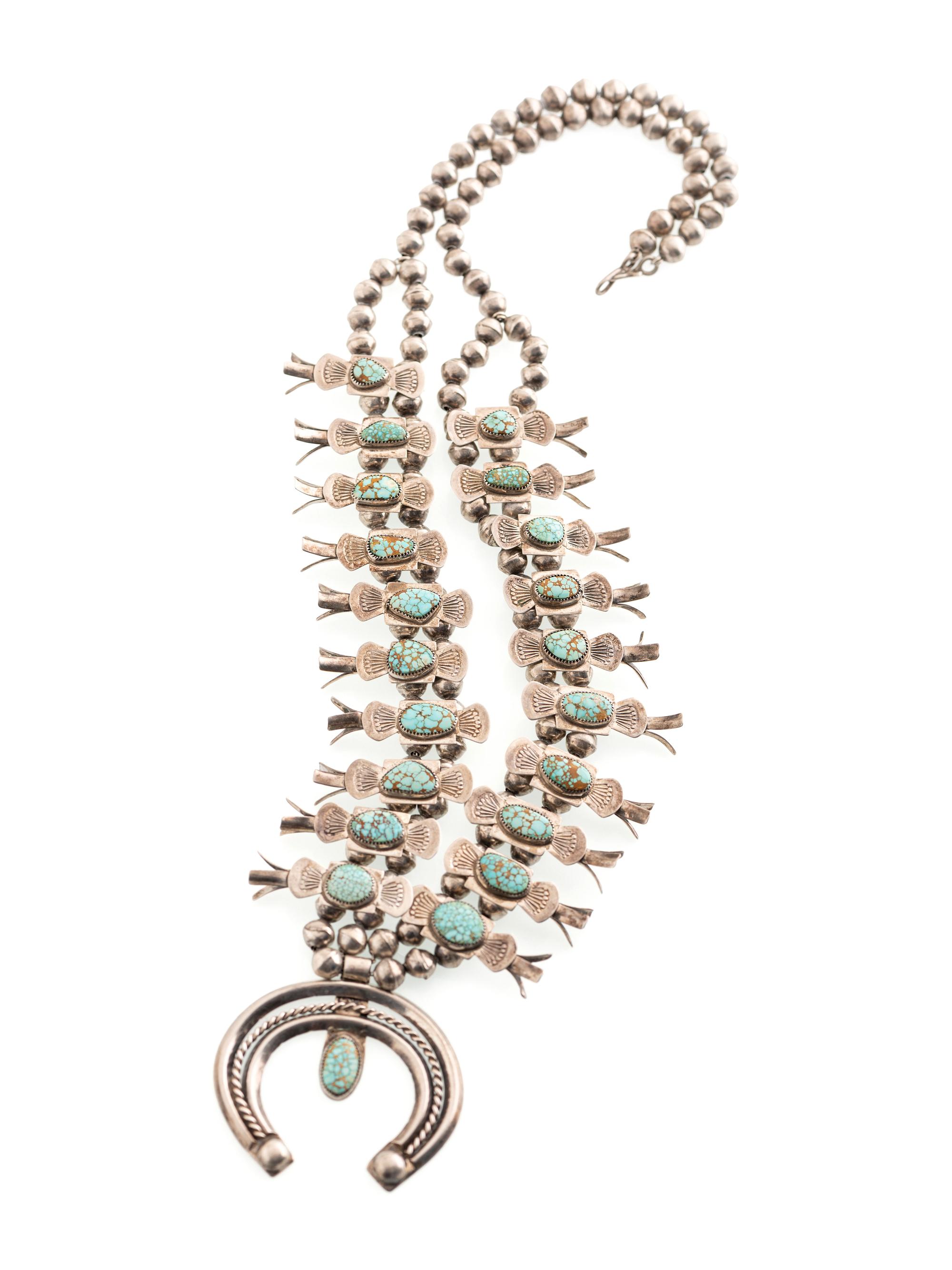 Navajo Silver and #8 Turquoise Box Bow Squash Blossom Necklace