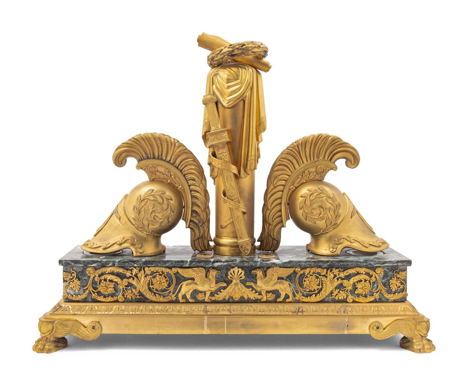 A Large Empire Style Gilt Bronze and Vert de Mer Marble Ink Stand