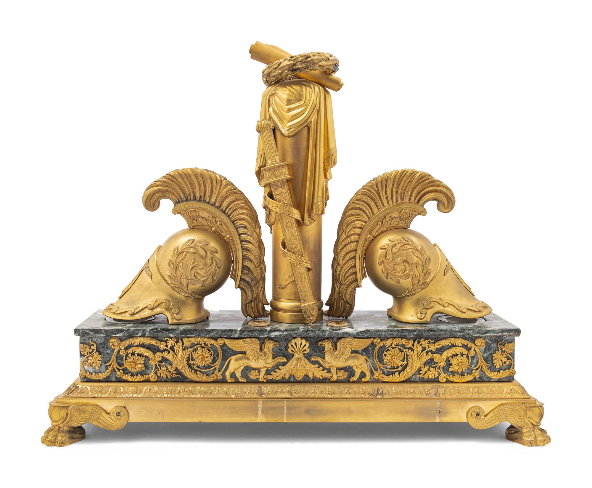 A Large Empire Style Gilt Bronze and Vert de Mer Marble Ink Stand