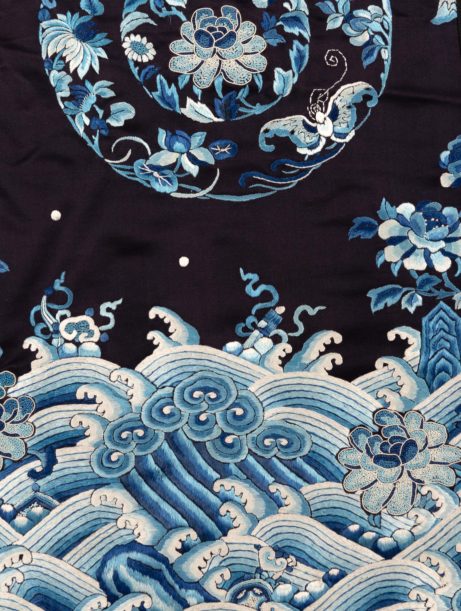 Two Black Ground Embroidered Silk Lady's Robes