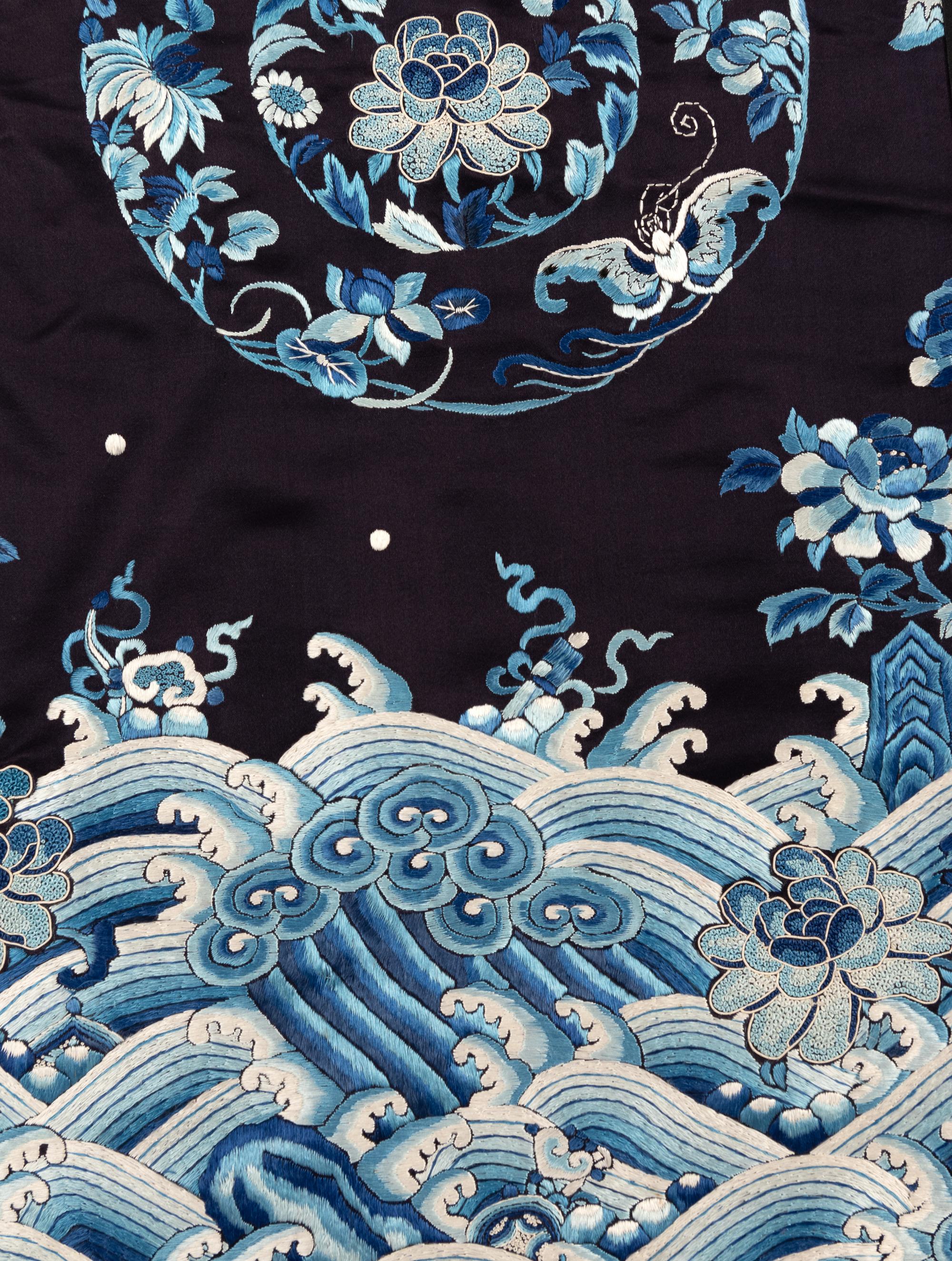 Two Black Ground Embroidered Silk Lady's Robes