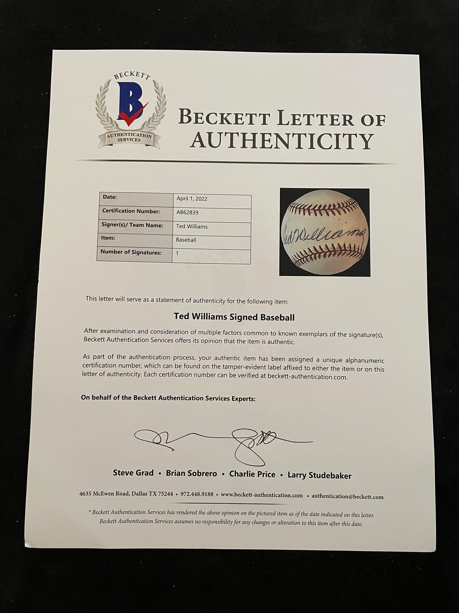A Ted Williams Signed Autograph Baseball (Beckett Authentication Services Letter BAS Certified),