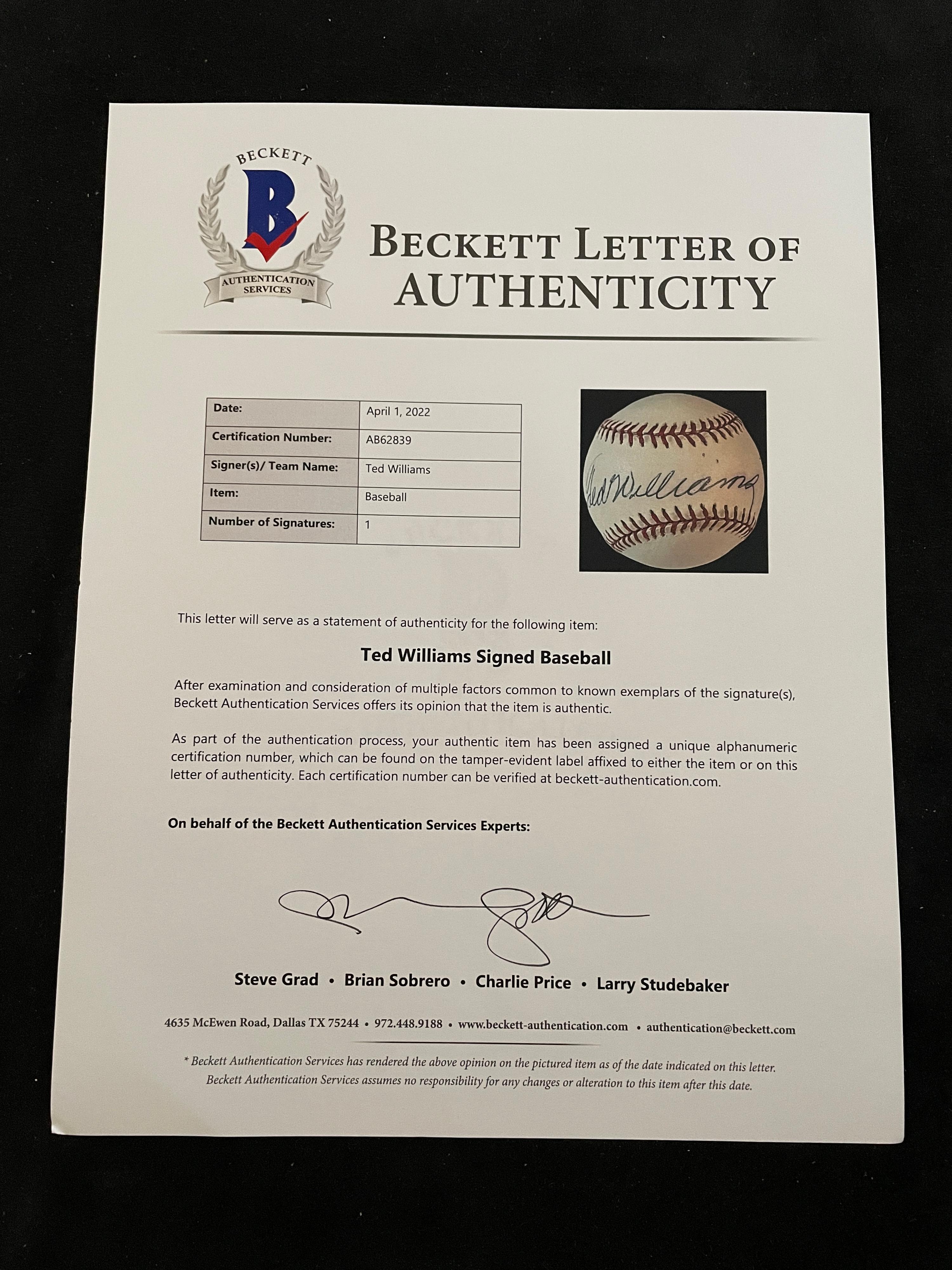 A Ted Williams Signed Autograph Baseball (Beckett Authentication Services Letter BAS Certified),