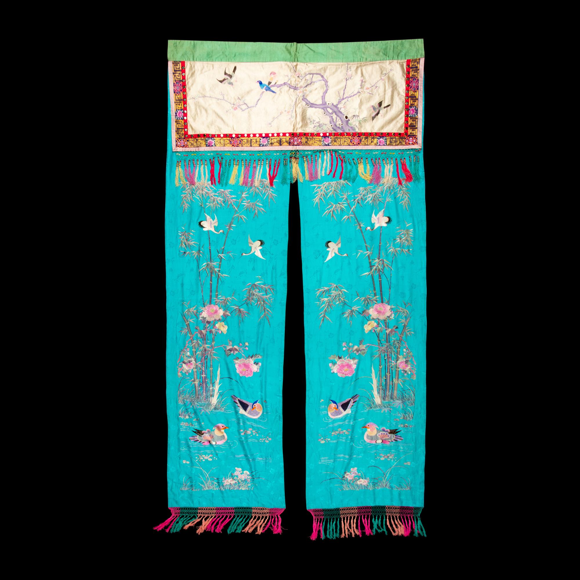A Large Chinese Embroidered Silk Hanging Panel, Late 19th Century 清晚期 藍地綉花鳥大挂賬