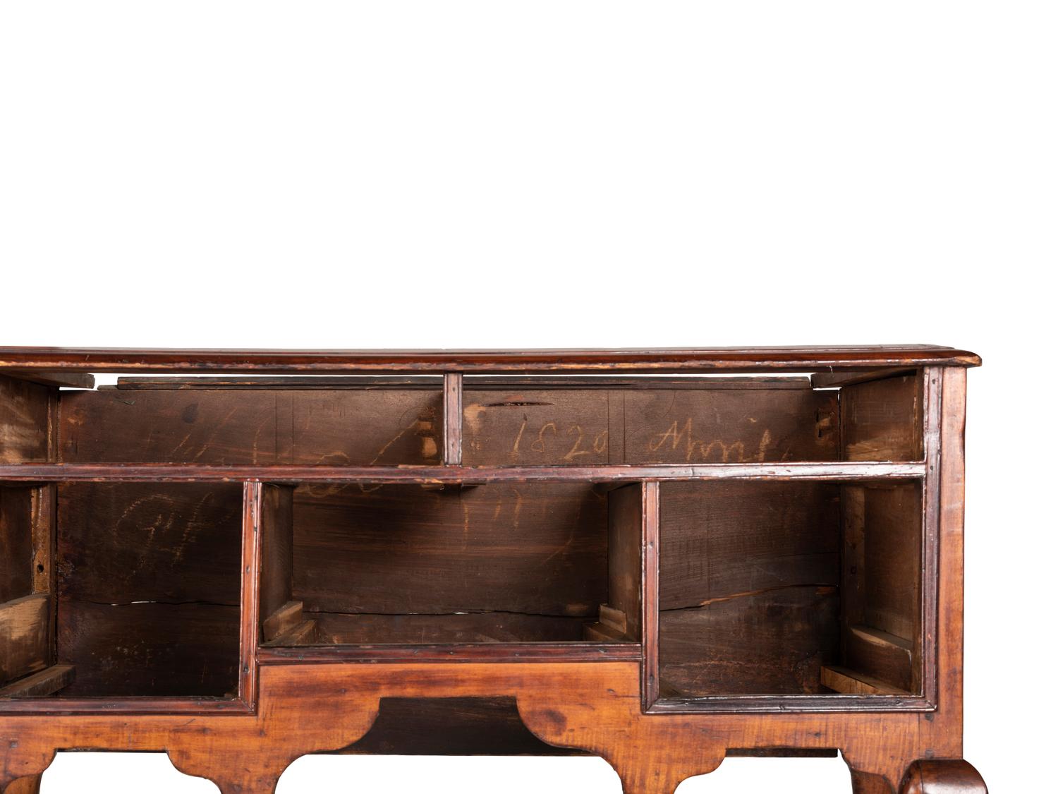 A Queen Anne Cherrywood and Maple Flat Top High Chest with Cornice Drawer