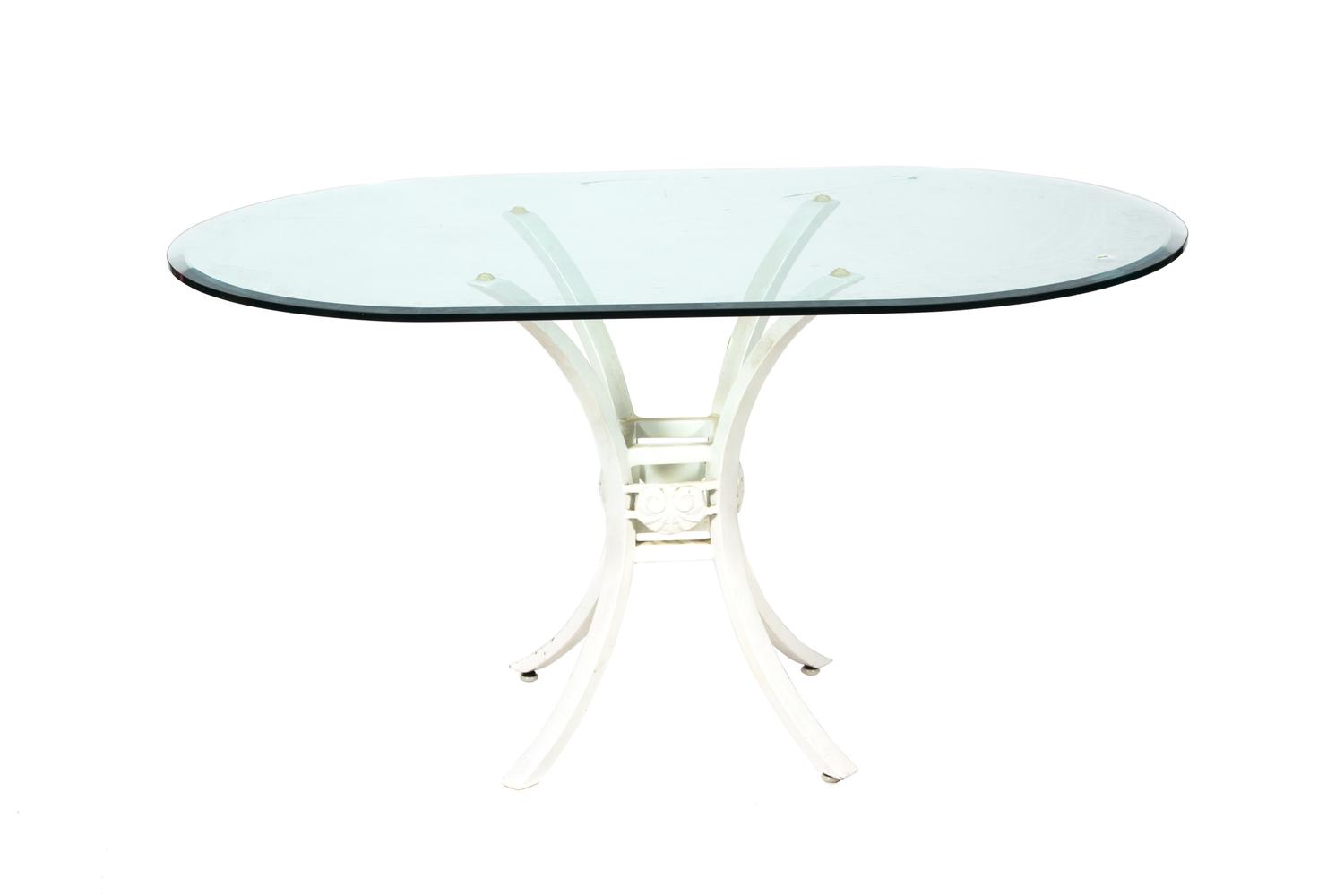 A White Painted Metal Glass Top Table and Four Shell-Form Back Chairs Height of chairs 37 inches. Table height 28 x width 52 x depth 34 — 20TH CENTURY