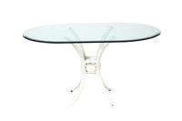 A White Painted Metal Glass Top Table and Four Shell-Form Back Chairs Height of chairs 37 inches. Table height 28 x width 52 x depth 34 — 20TH CENTURY