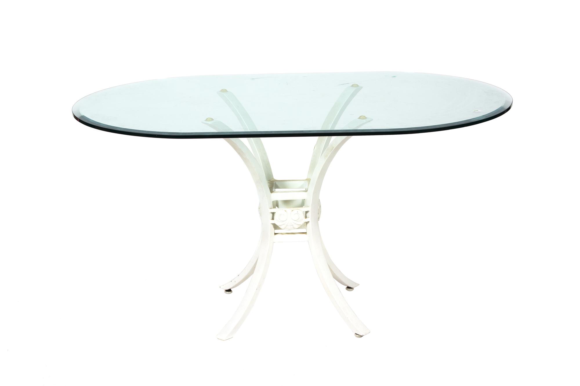 A White Painted Metal Glass Top Table and Four Shell-Form Back Chairs Height of chairs 37 inches. Table height 28 x width 52 x depth 34 — 20TH CENTURY