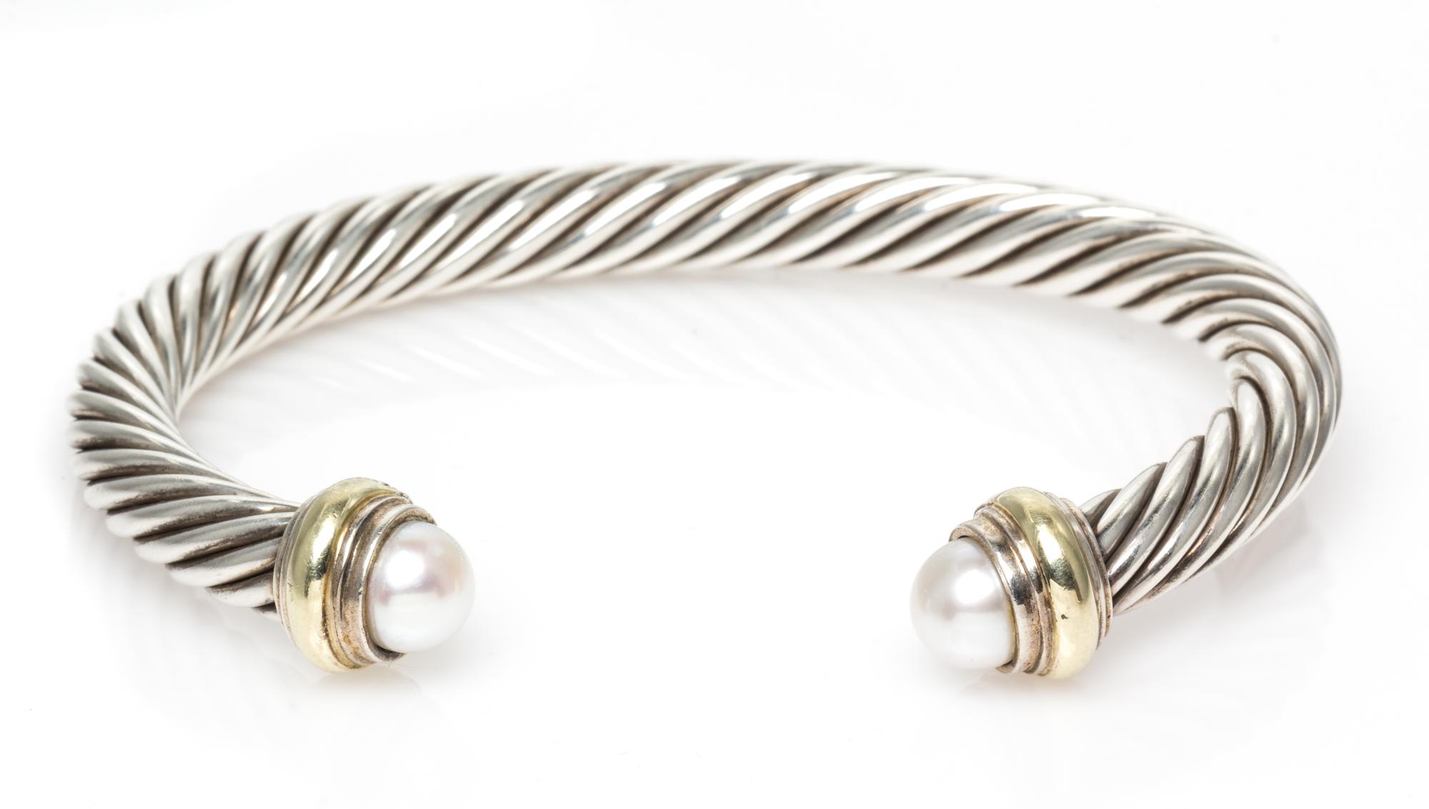 A Sterling Silver, 14 Karat Yellow Gold and Cultured Pearl 'Cable Classics' Bracelet, David Yurman, 28.70 dwts.