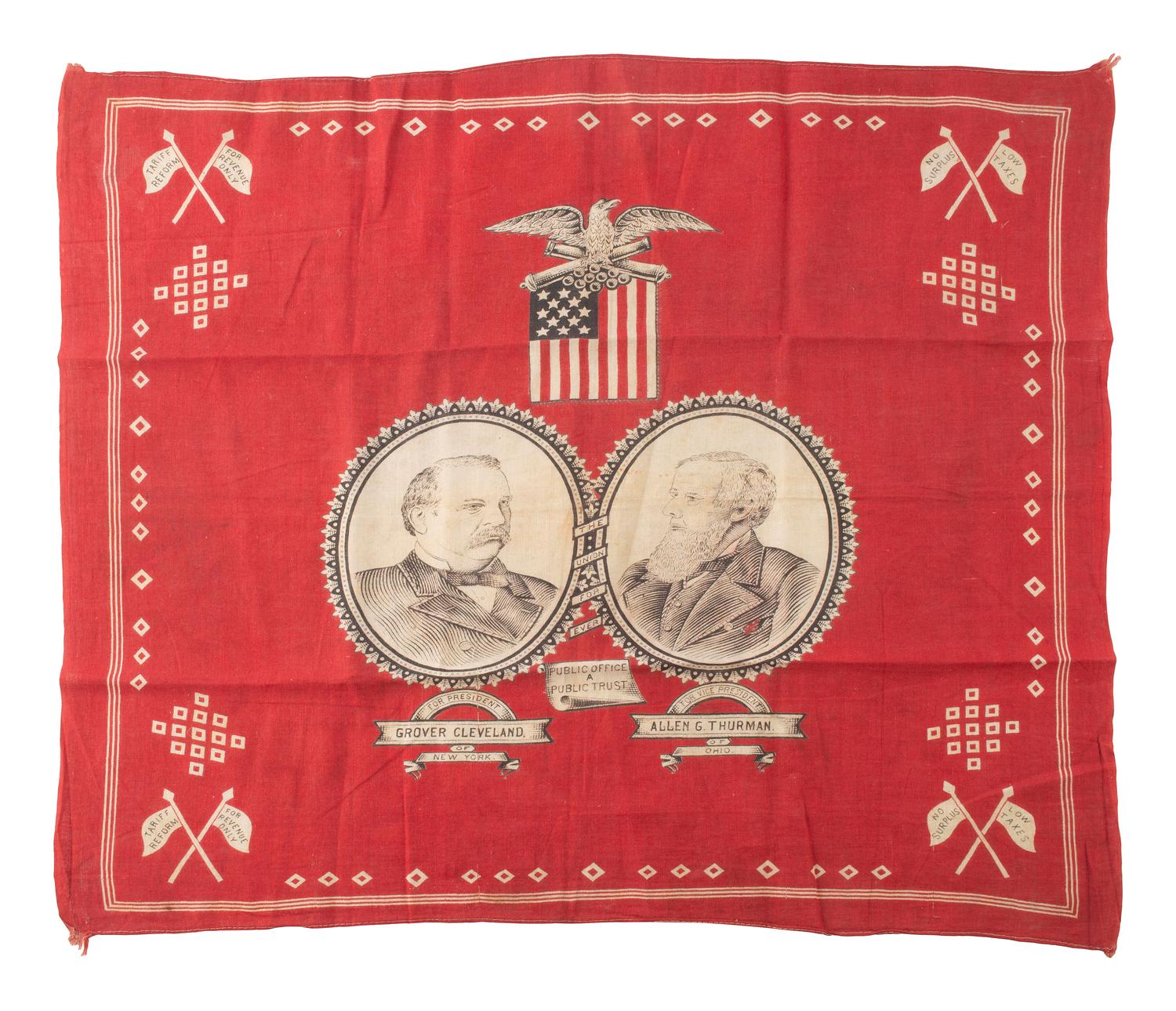 [1888 ELECTION]. Campaign bandanas, jugate fan, and other ephemera from the Grover Cleveland and Allen G. Thurman 1888 campaign, comprising: