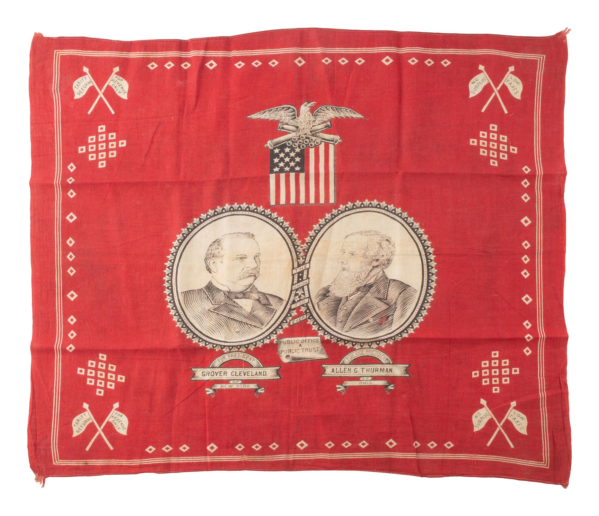 [1888 ELECTION]. Campaign bandanas, jugate fan, and other ephemera from the Grover Cleveland and Allen G. Thurman 1888 campaign, comprising:
