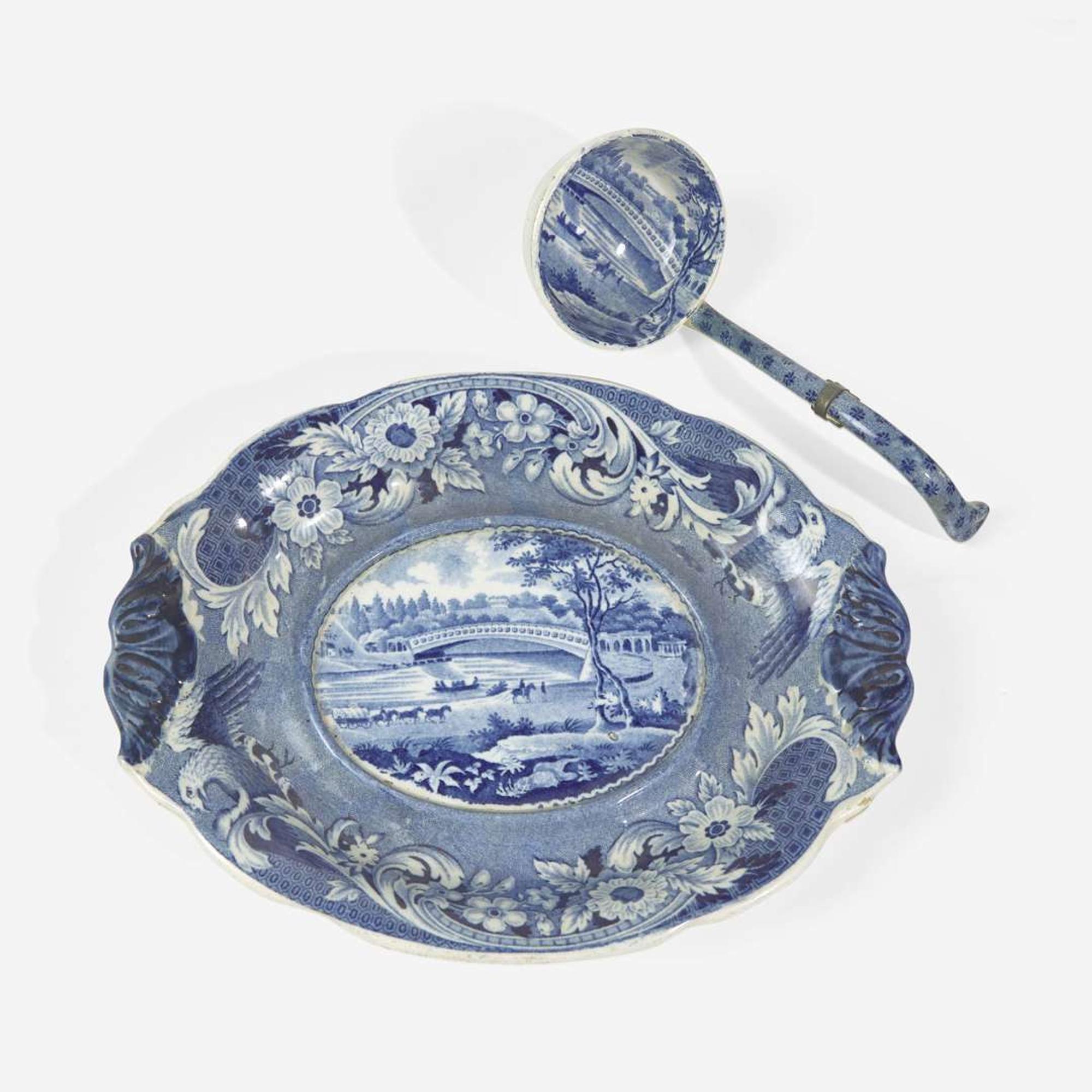 A group of eight Staffordshire Historical Blue tablewares in Philadelphia Views; Joseph Stubbs and others, England, first half 19th century