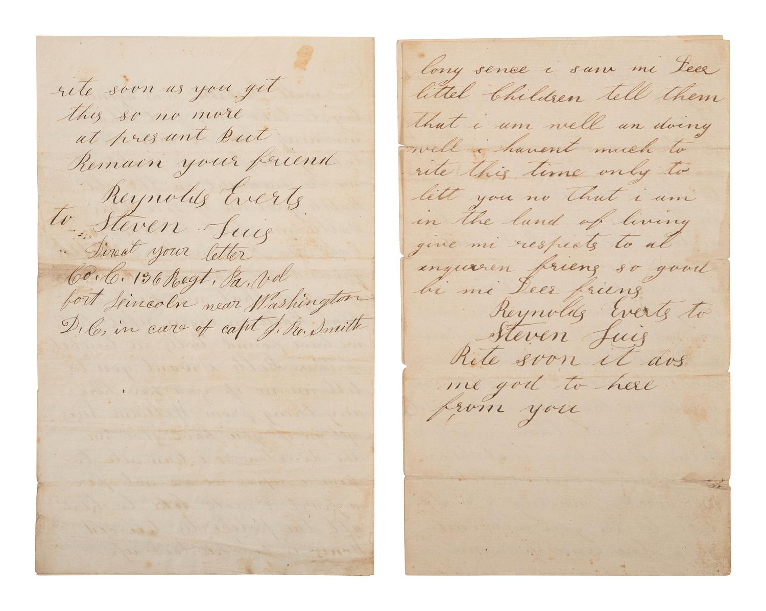 [CIVIL WAR]. Pvt. Everts, 136th PA, provides commentary on Stonewall Jackson in 2 letters with battlefield content.