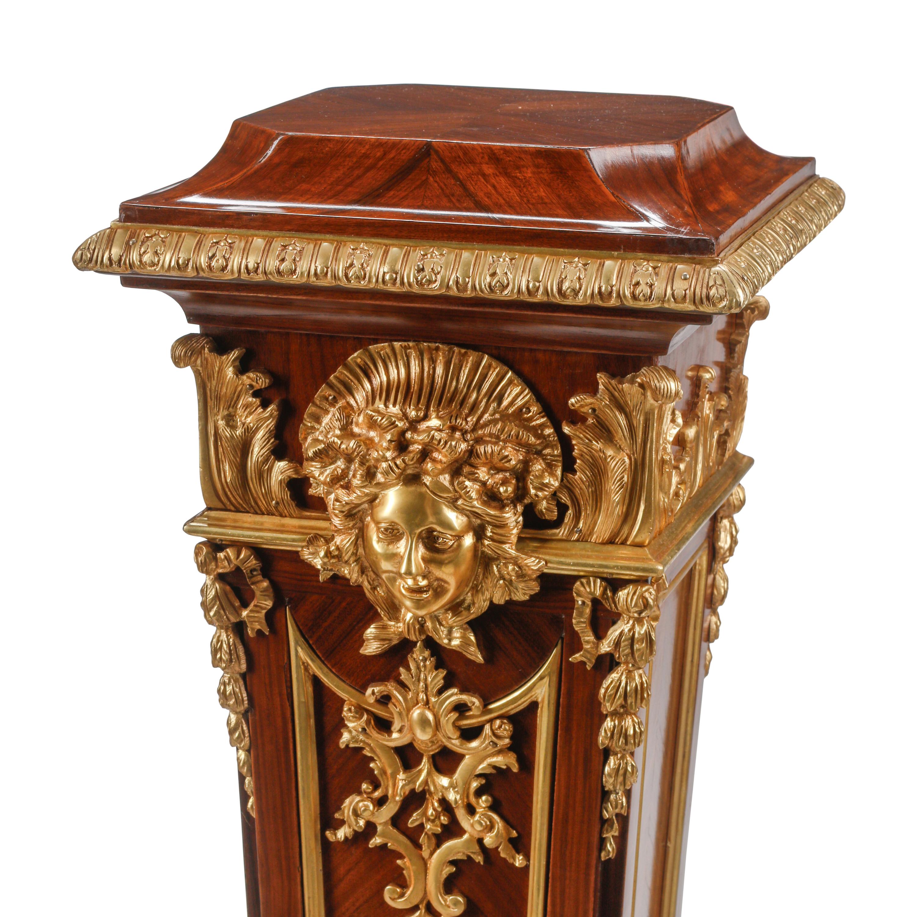 A Pair of Louis XIV Style Gilt Bronze Mounted Parquetry Pedestals