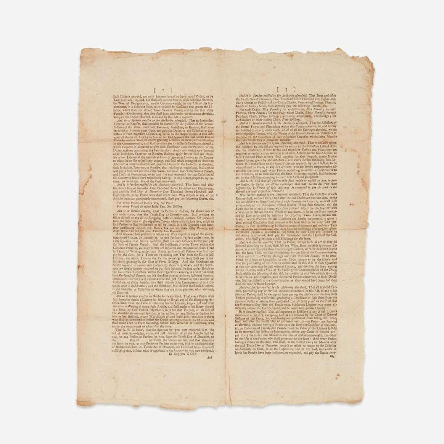 [Americana] [Hancock, John] Printed Excise Bill of the Commonwealth of Massachusetts