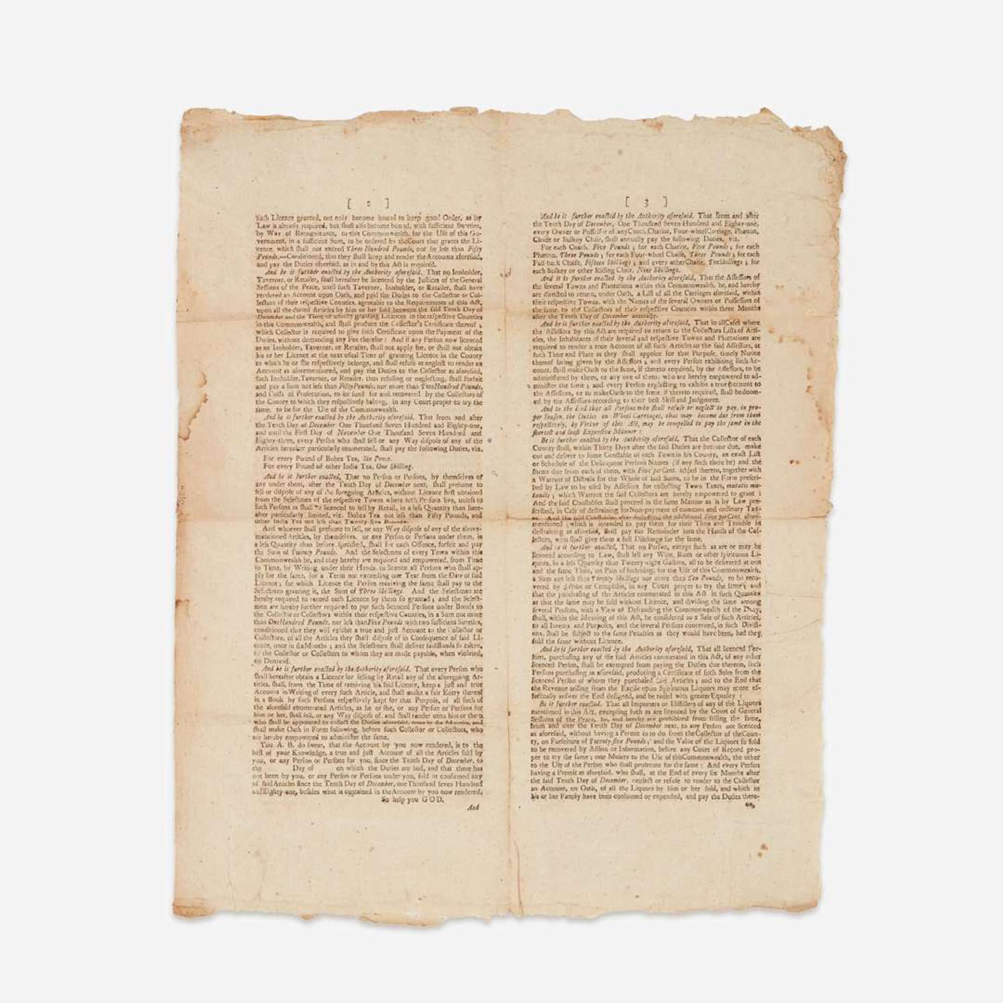 [Americana] [Hancock, John] Printed Excise Bill of the Commonwealth of Massachusetts