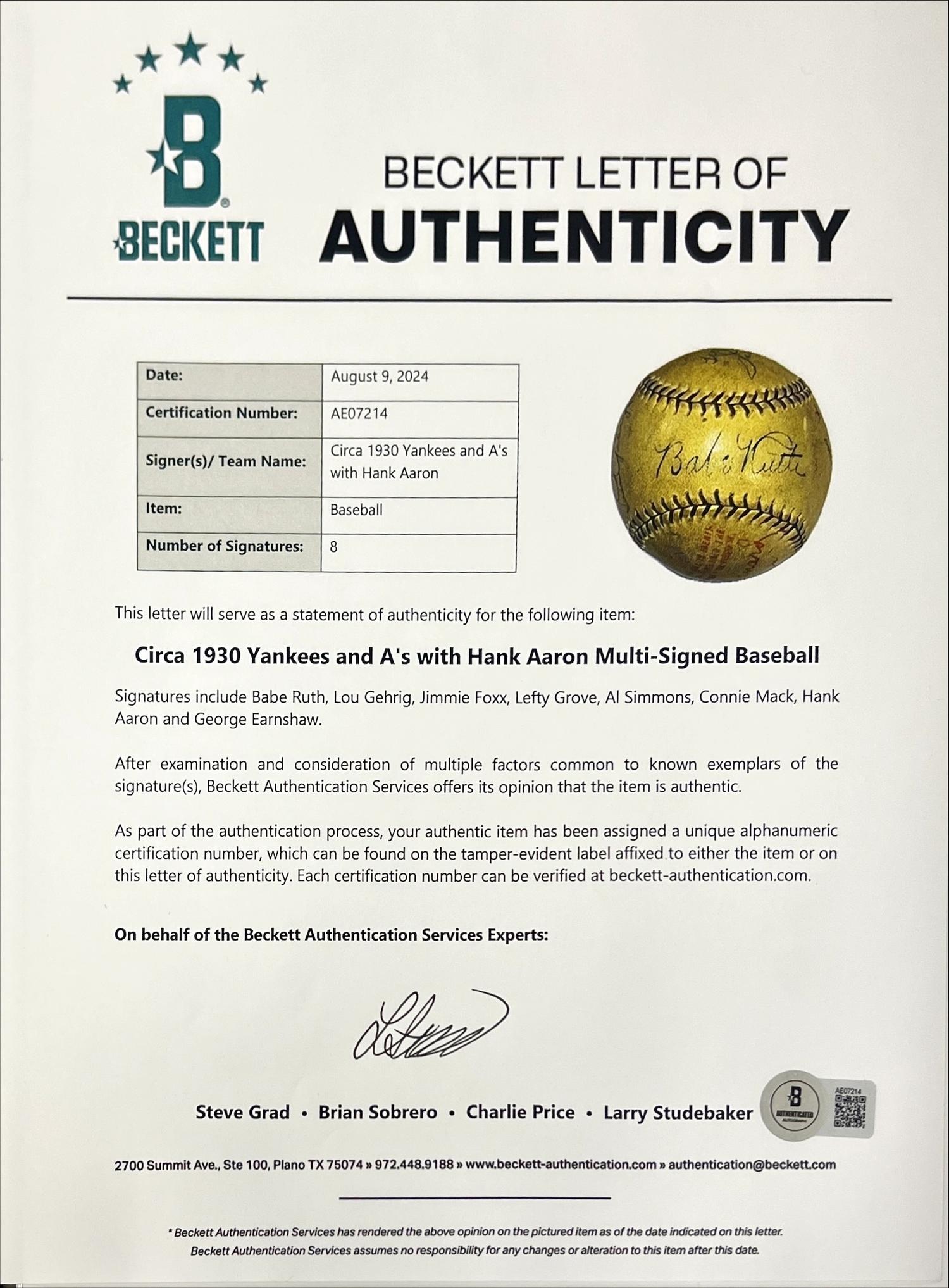 A Legendary Signed Autographed Baseball Featuring Babe Ruth, Hank Aaron, Lou Gehrig, Jimmie Foxx, Al Simmons, Connie Mack, Lefty Grove and George Earnshaw (Beckett Authentication Services)