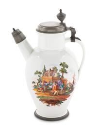 A Large German Pewter-Mounted Porcelain Ewer