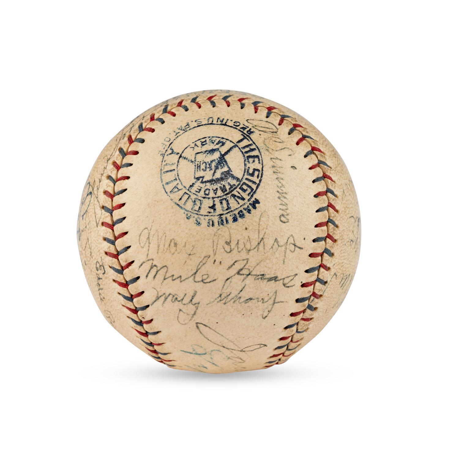 A 1930 World Series Champions Philadelphia Athletics Team Signed Autograph Baseball Featuring Al Simmons, Lefty Grove, Jimmie Foxx and Eddie Collins (Beckett Authentication Services Letter of Authenticity)