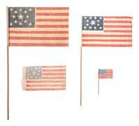 [FLAGS]. A group of 4 American parade flags, including 13-star and 30-star examples.