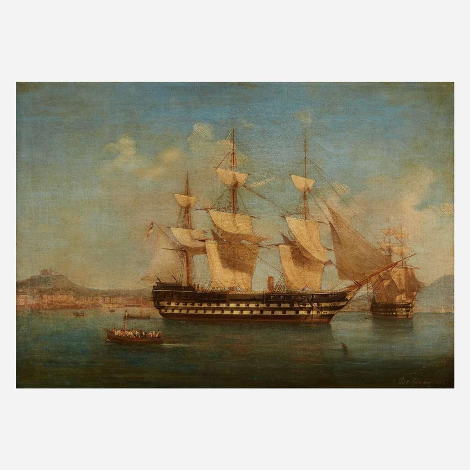 Tommaso de Simone (Italian, c. 1805-1888) H.M.S. Monmouth in the Bay of Naples, dated "1842"