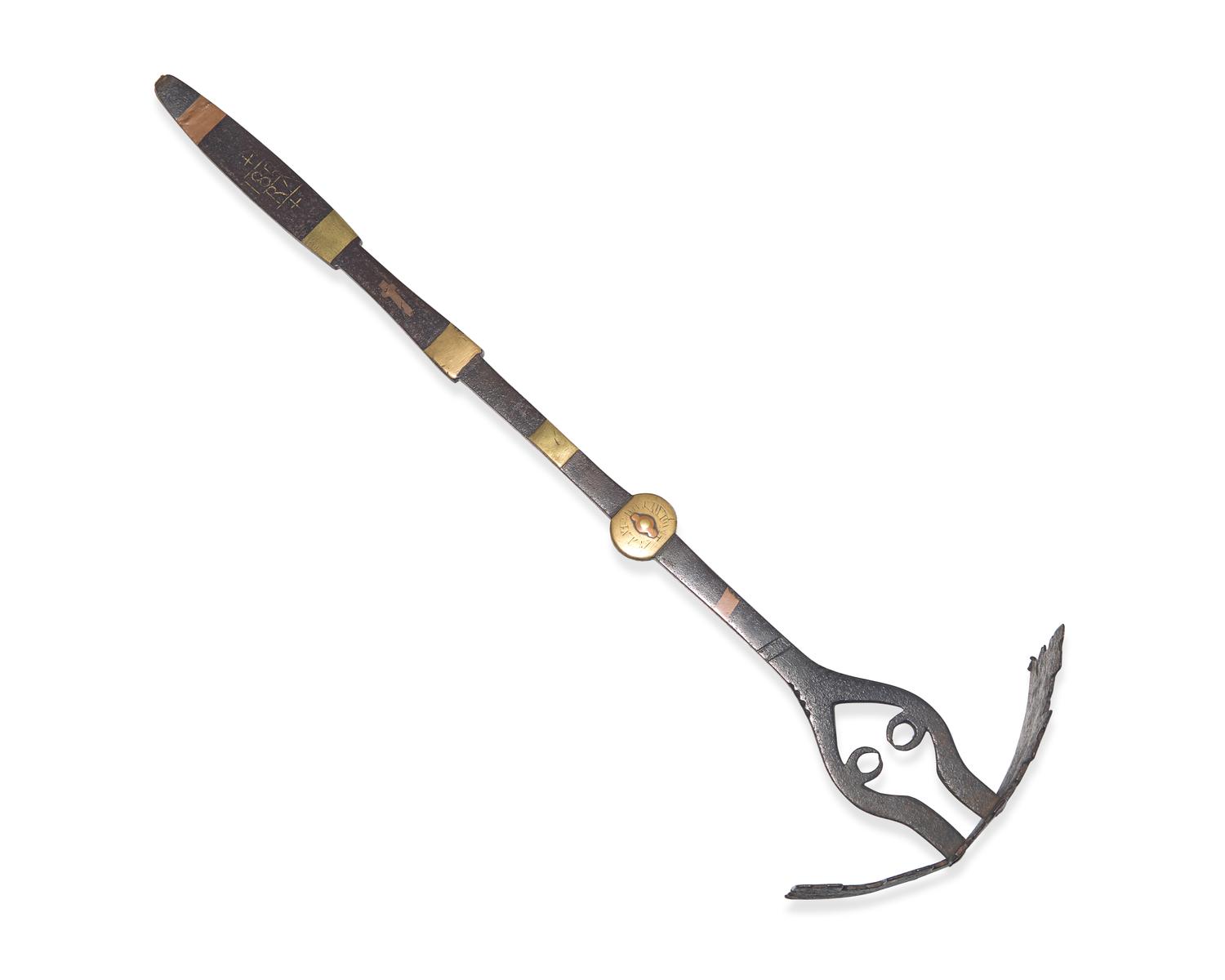 A Brass and Copper Inlaid Wrought Iron Ash Pusher, Possibly Pennsylvania, First Half 19th Century