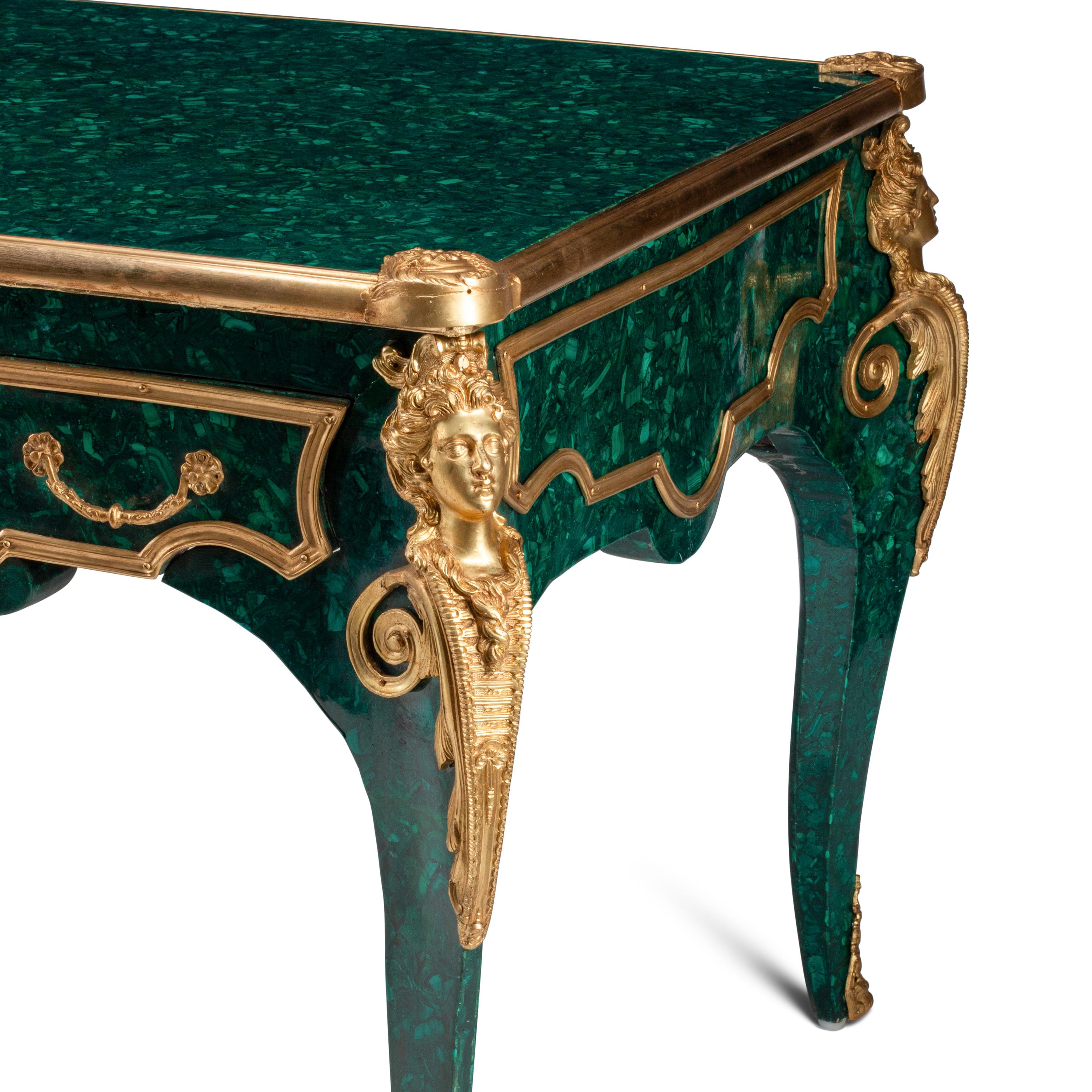 A Louis XV Style Gilt Bronze Mounted and Malachite Veneered Bureau Plat