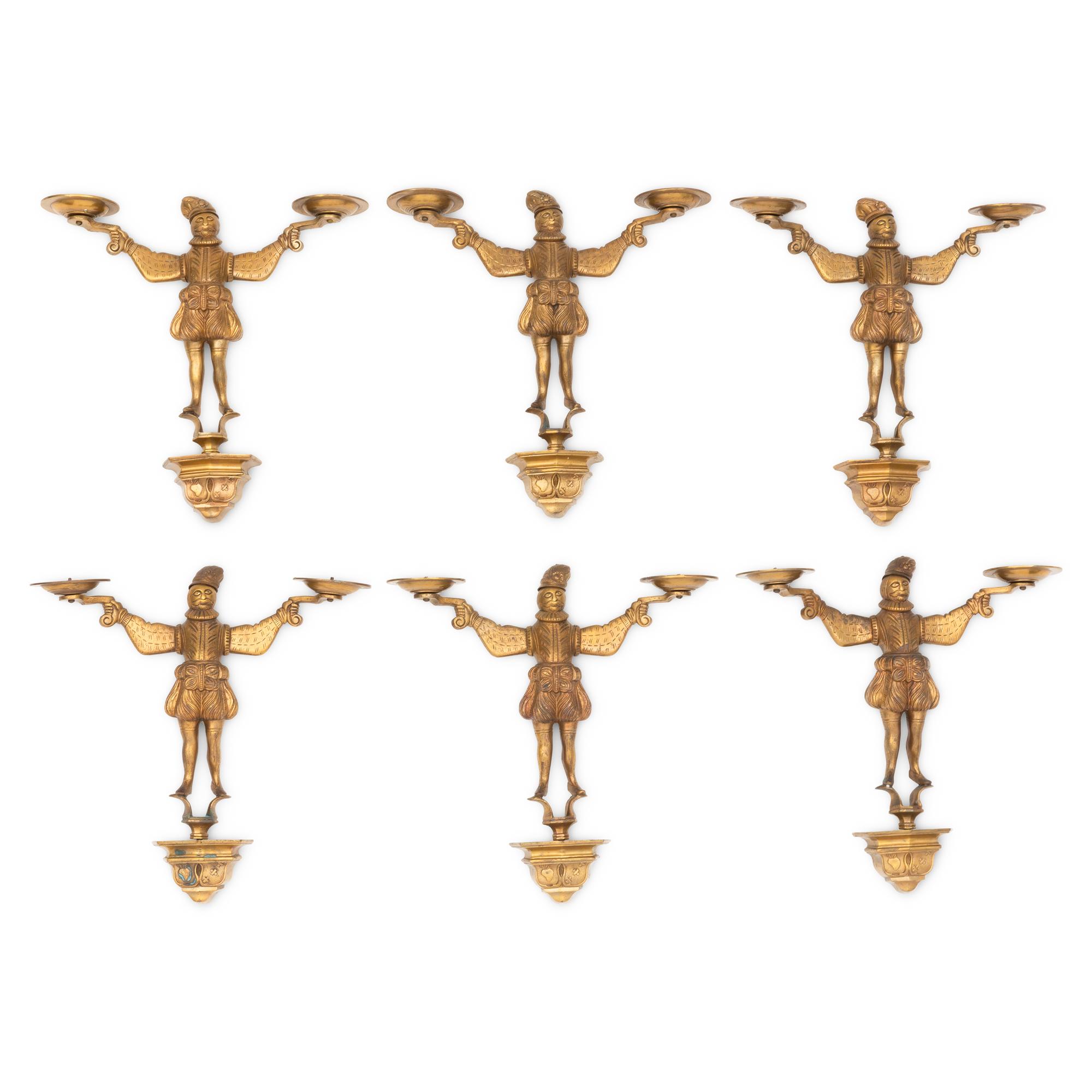 A Set of Six Brass Two-Arm Sconces