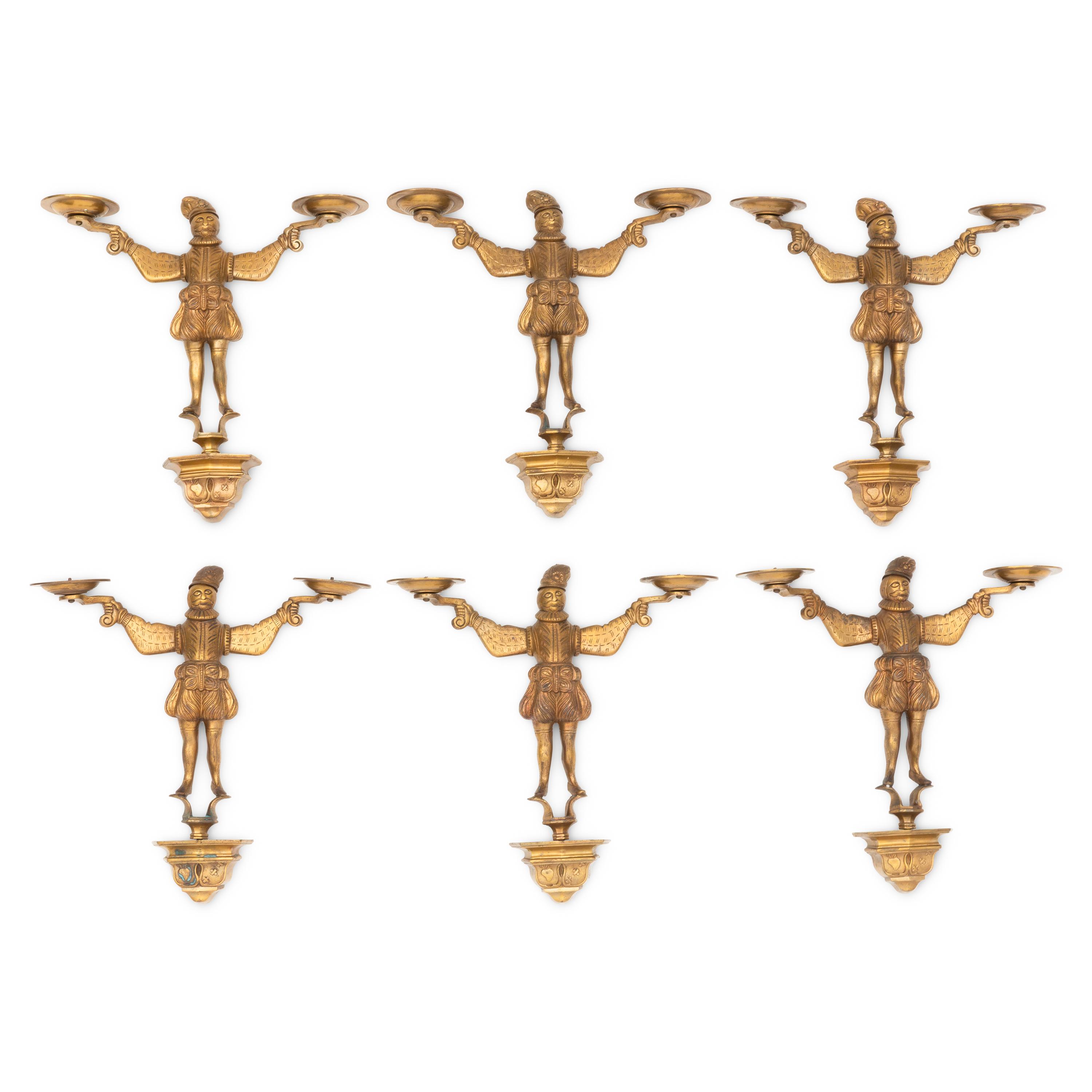 A Set of Six Brass Two-Arm Sconces